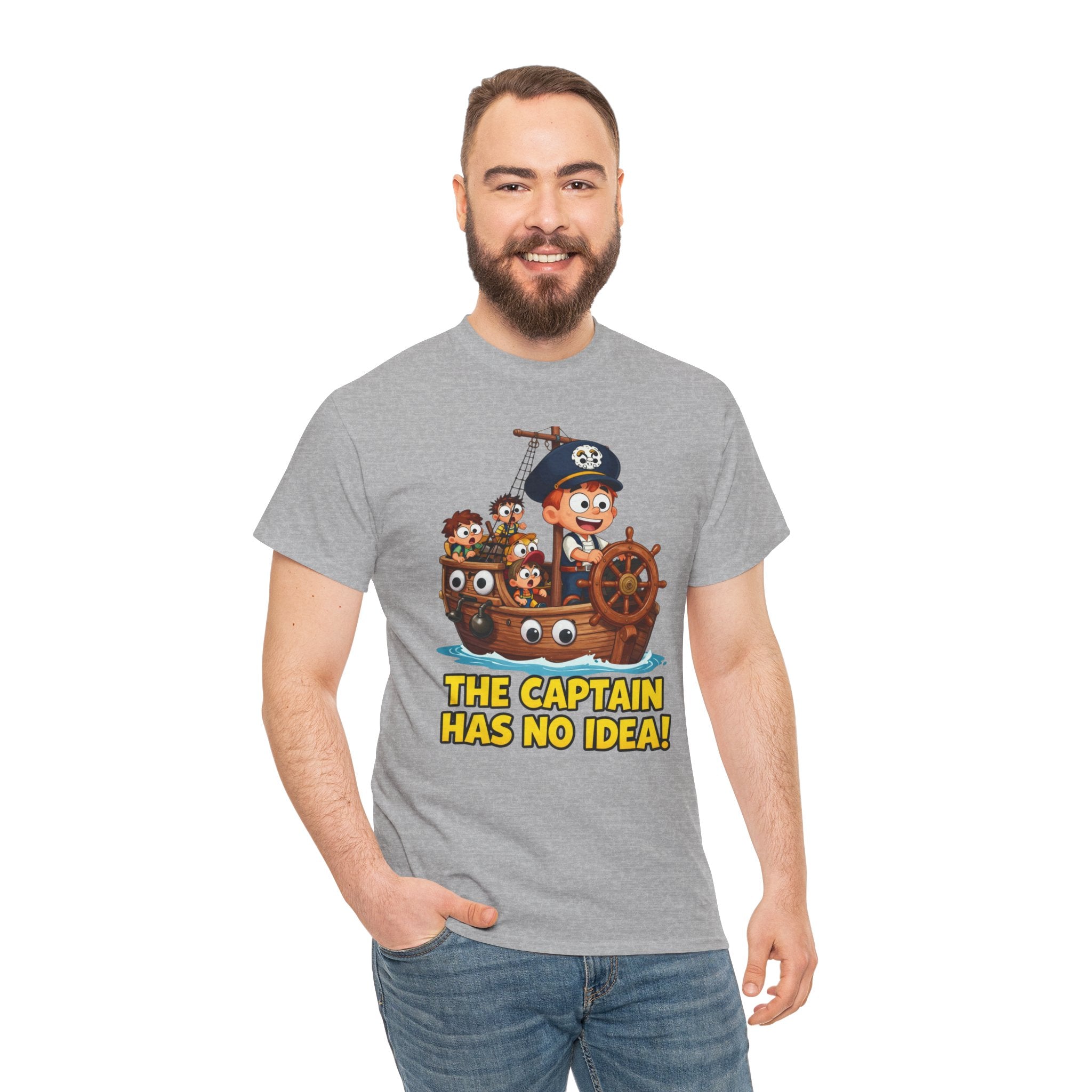 The Captain Has No Idea T-Shirt – Funny Cartoon Pirate Ship Clueless Captain | Nautical Humour Graphic Tee