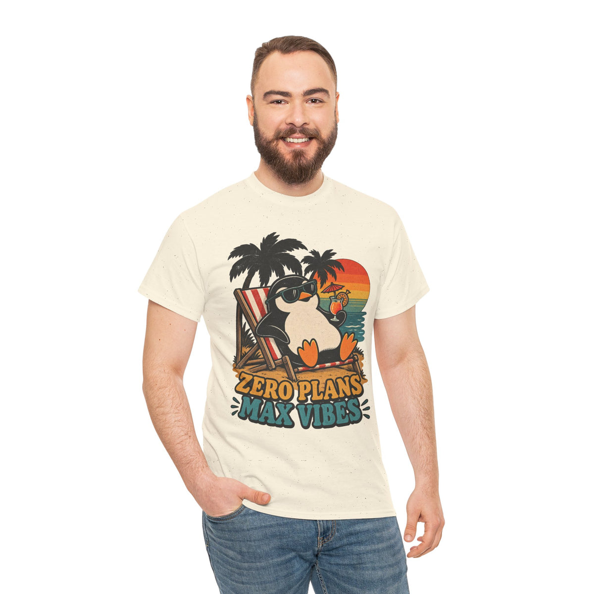 T-Shirt — "Zero Plans, Max Vibes" Penguin Beach Tee