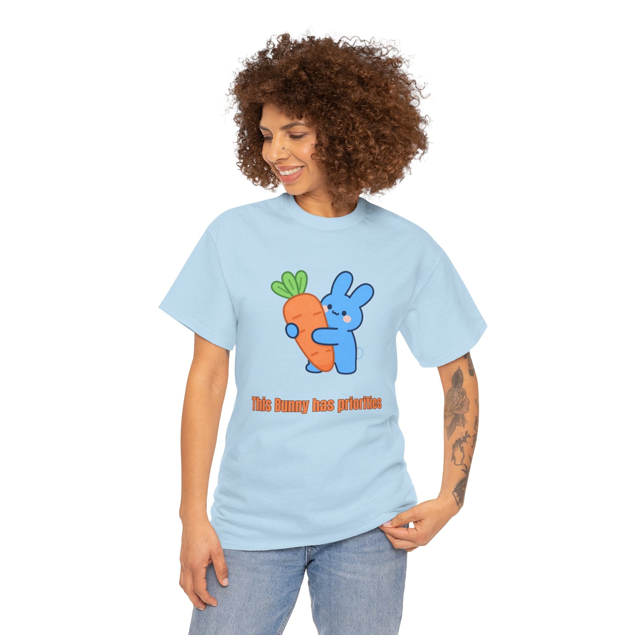 Bunny Carrot Hug – Cute Kawaii Blue Rabbit Cartoon Graphic T-Shirt - This carrot is mine. I found it. I am keeping it. Goodbye.