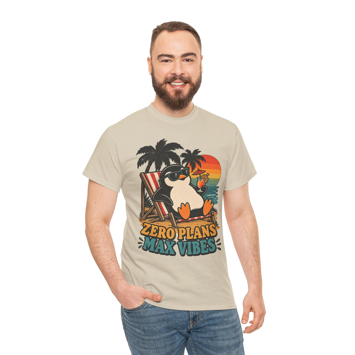T-Shirt — "Zero Plans, Max Vibes" Penguin Beach Tee