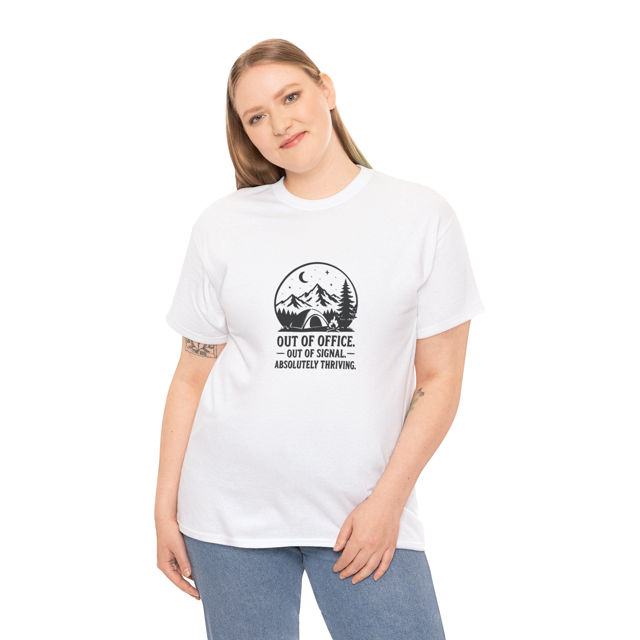 Out of Office Camping T‑Shirt — “Out of Office, Out of Signal, Absolutely Thriving”