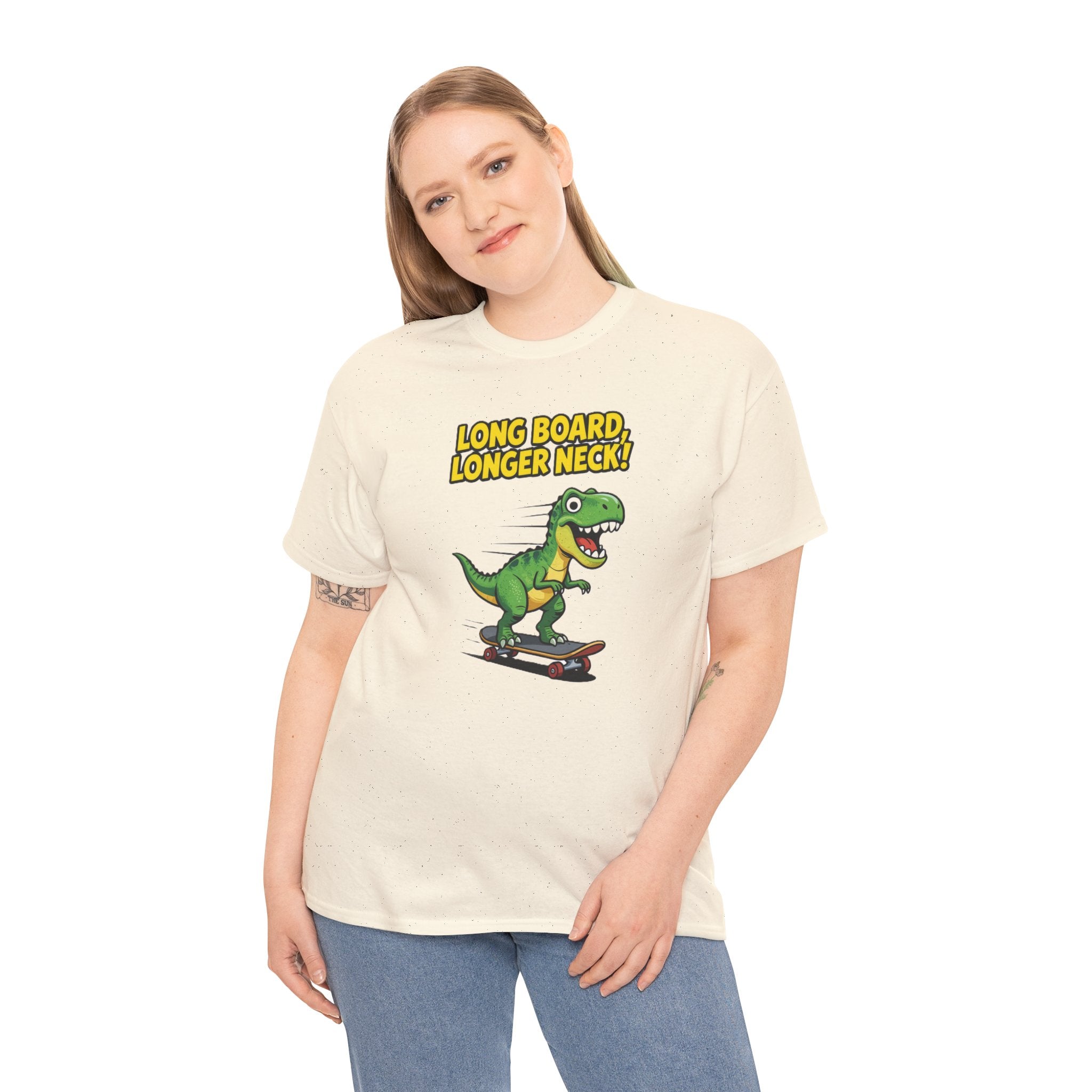 Long Board Longer Neck T-Shirt – Funny Green Dinosaur Longboard Skateboard Cartoon | Dino Skater Graphic Tee