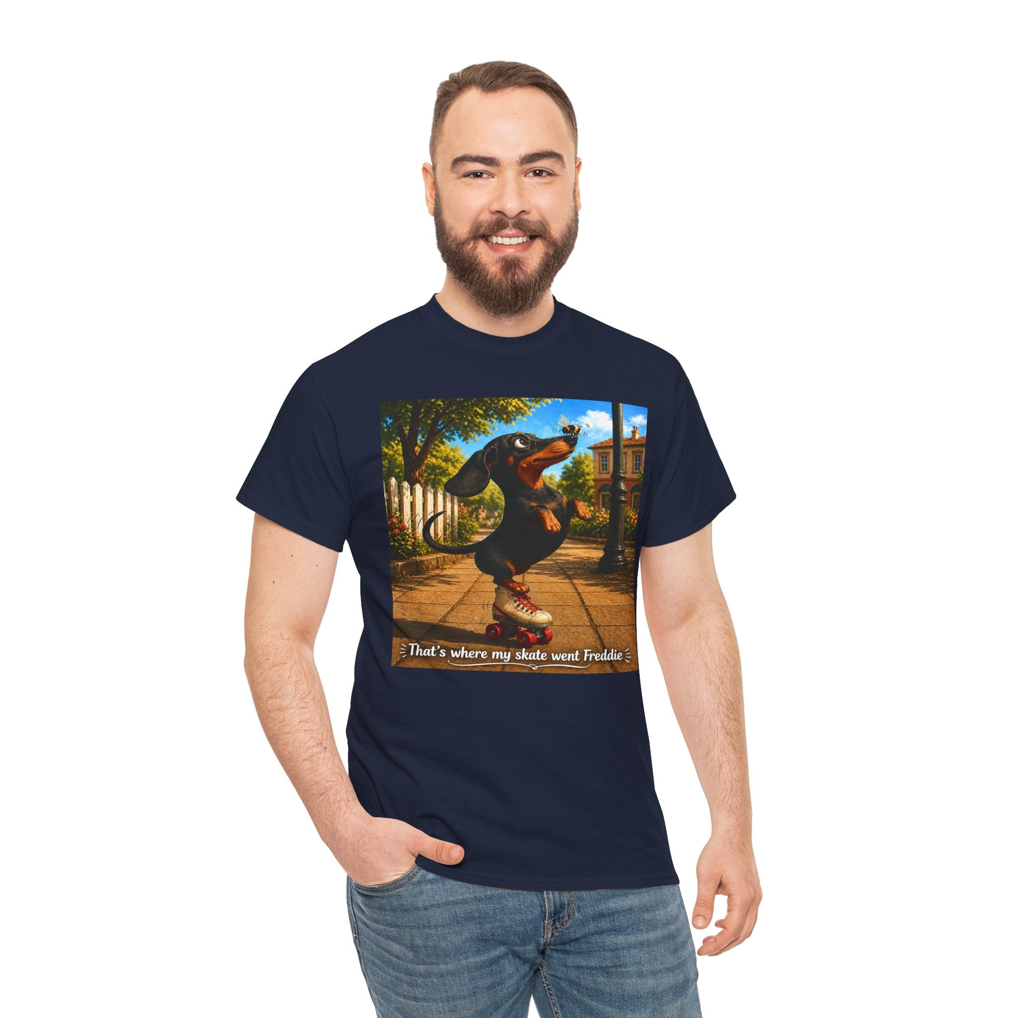 Dachshund on Skate T-Shirt — "That's Where My Skate Went Freddie" Retro Skate Tee