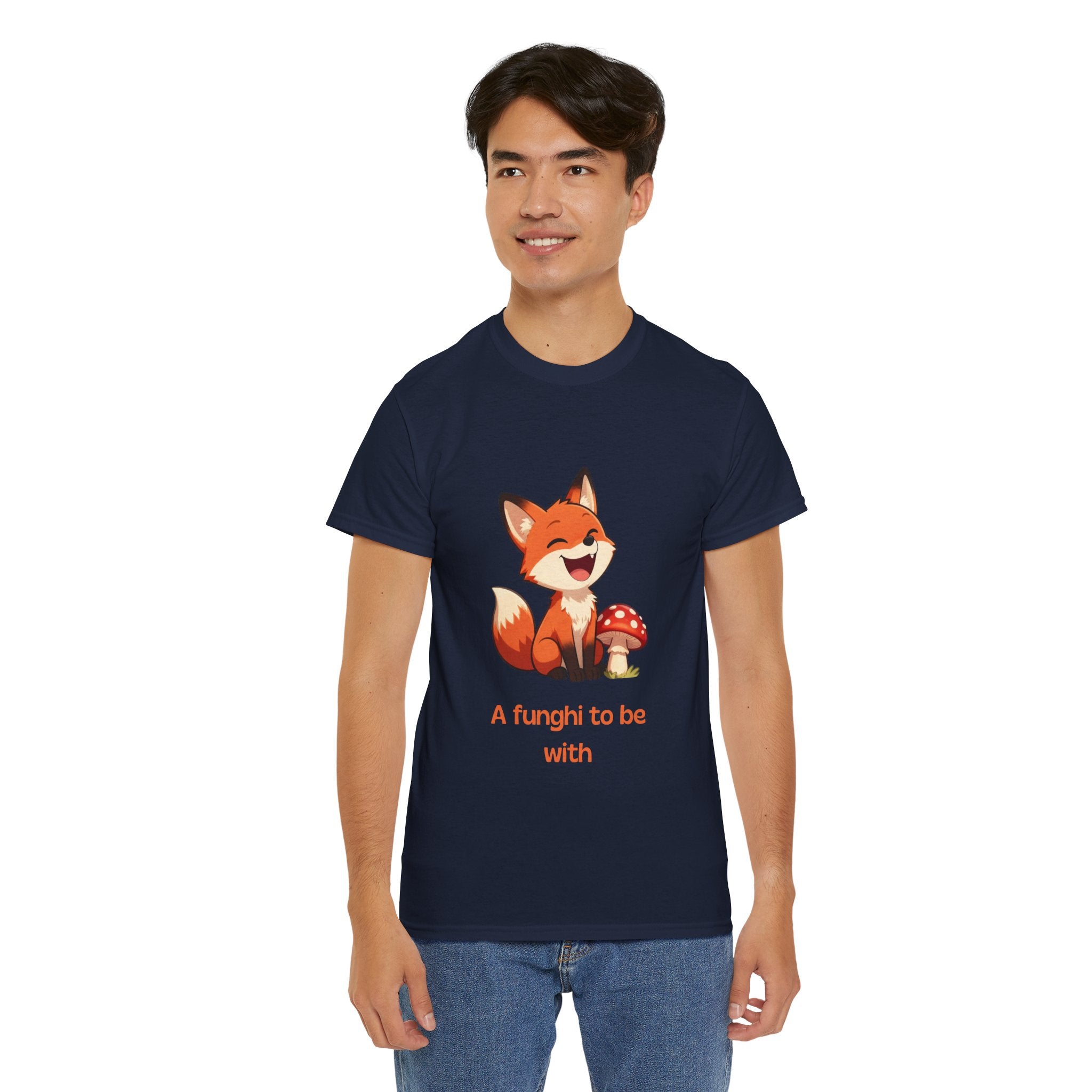 Funny Cartoon Fox T-Shirt | "A Funghi To Be With" Cute Mushroom Pun Tee