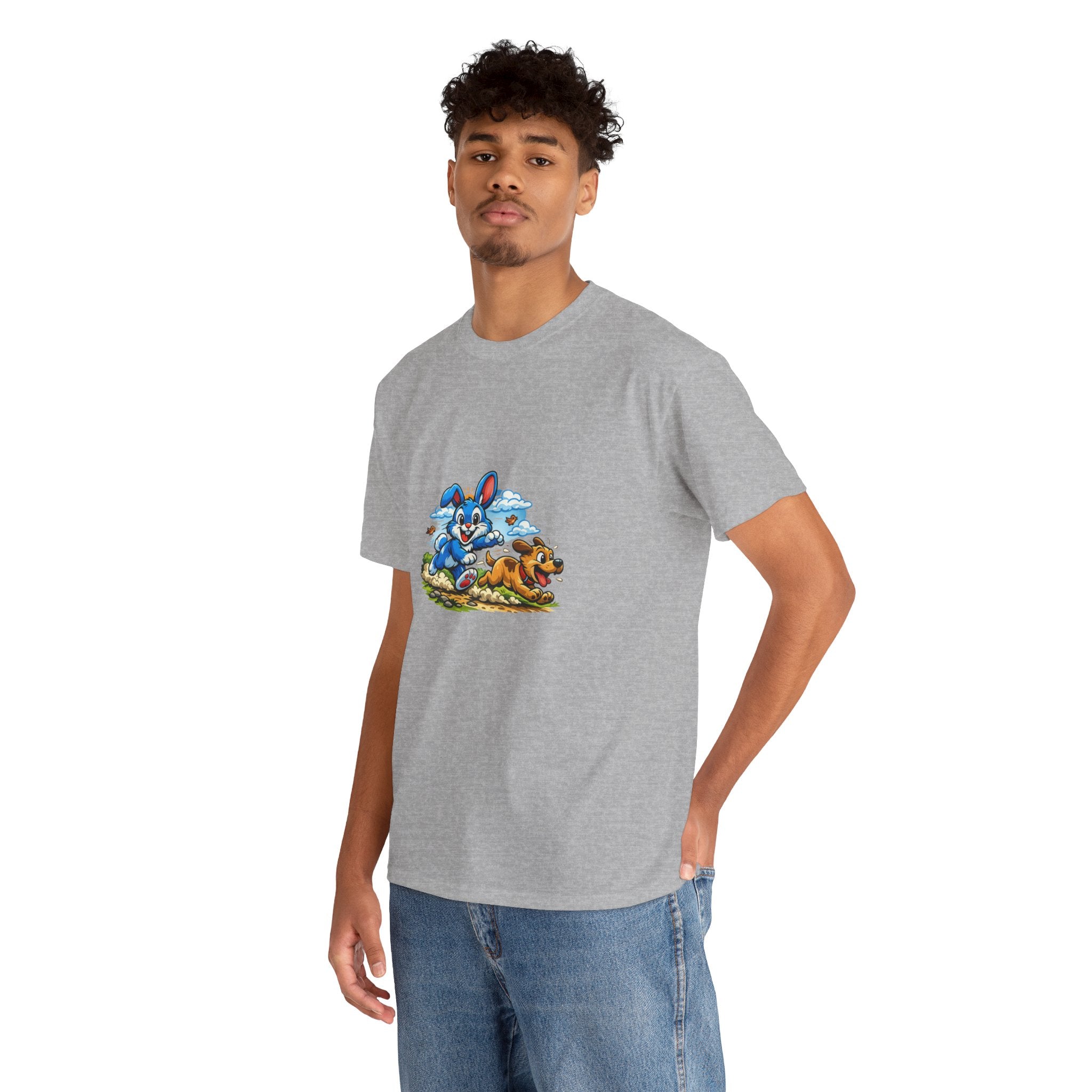 T-Shirt — Playful Blue Bunny & Dog Cartoon Graphic Tee
