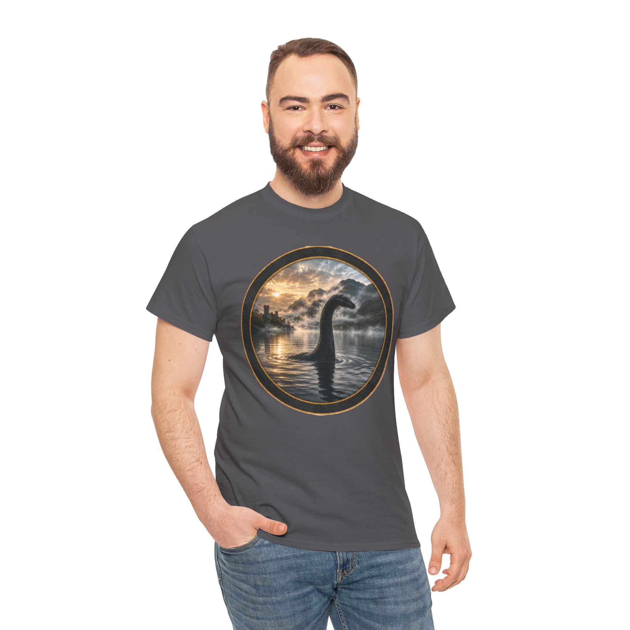 Loch Ness Monster Silhouette Tee — Vintage Sunset Nessie Graphic T-Shirt