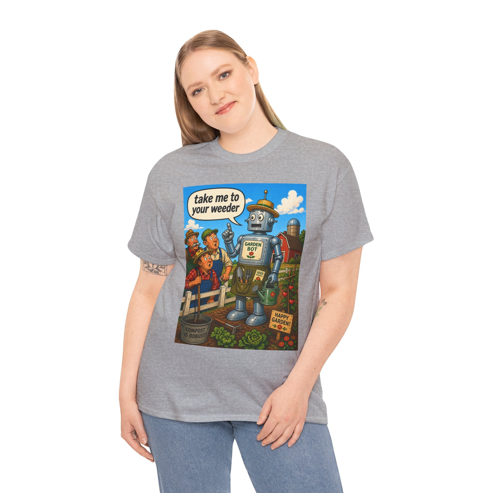 T-Shirt — "Take Me to Your Weeder" Vintage Robot Gardening Tee