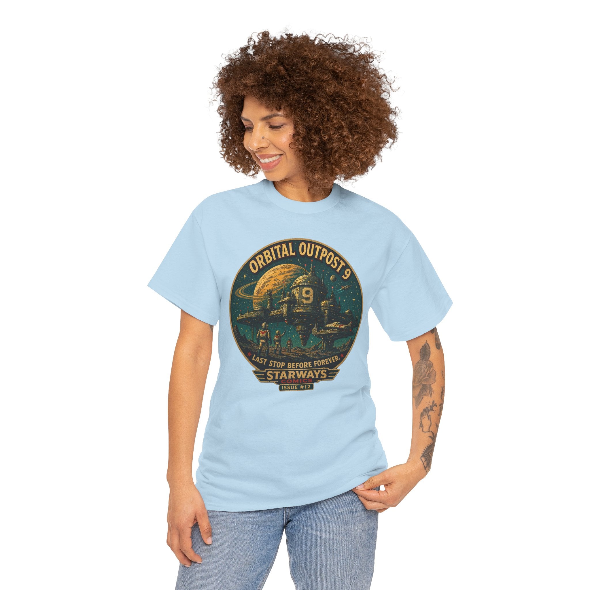 Orbital Outpost 9 T-Shirt | Retro Sci-Fi Space Station Graphic Tee | Vintage Astronaut Comic Shirt | Starways Comics Issue 12
