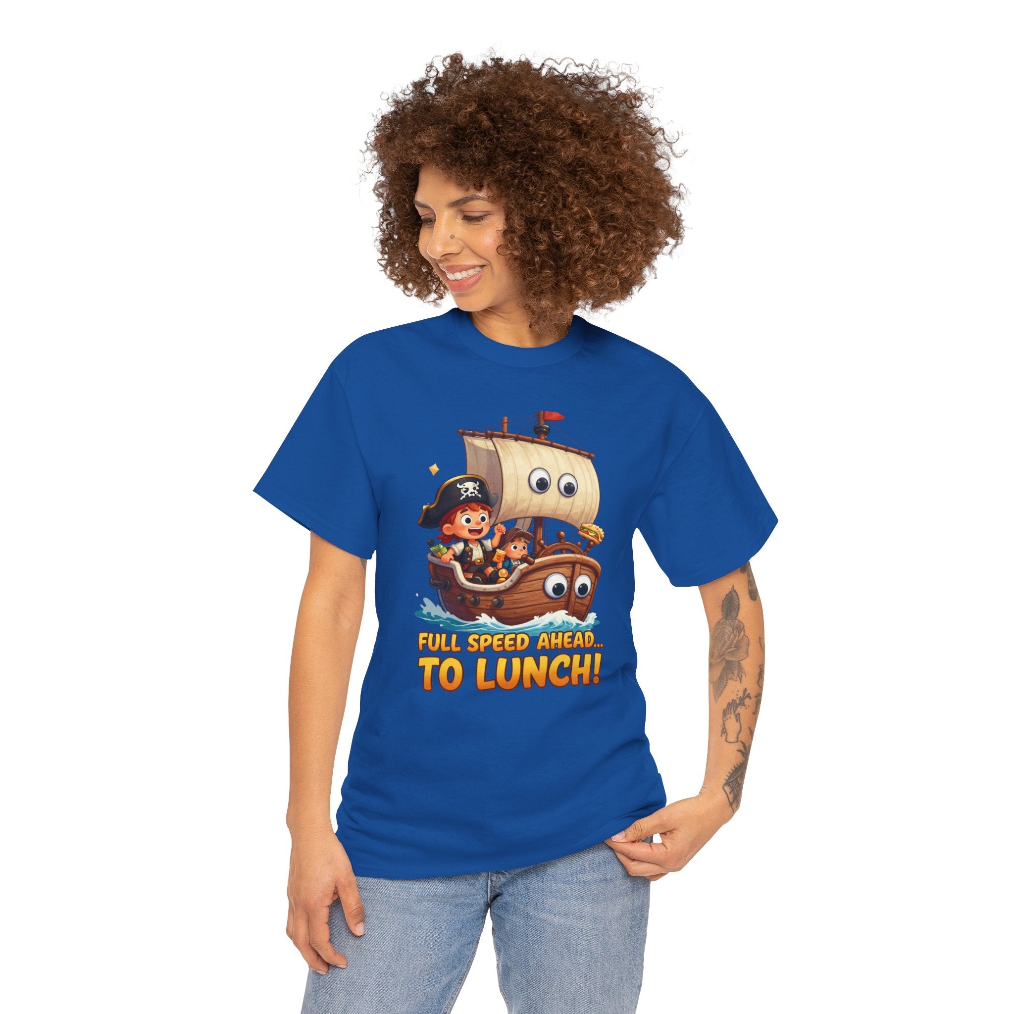 Full Speed Ahead To Lunch T-Shirt – Funny Pirate Ship Food Cartoon | Nautical Foodie Humour Graphic Tee