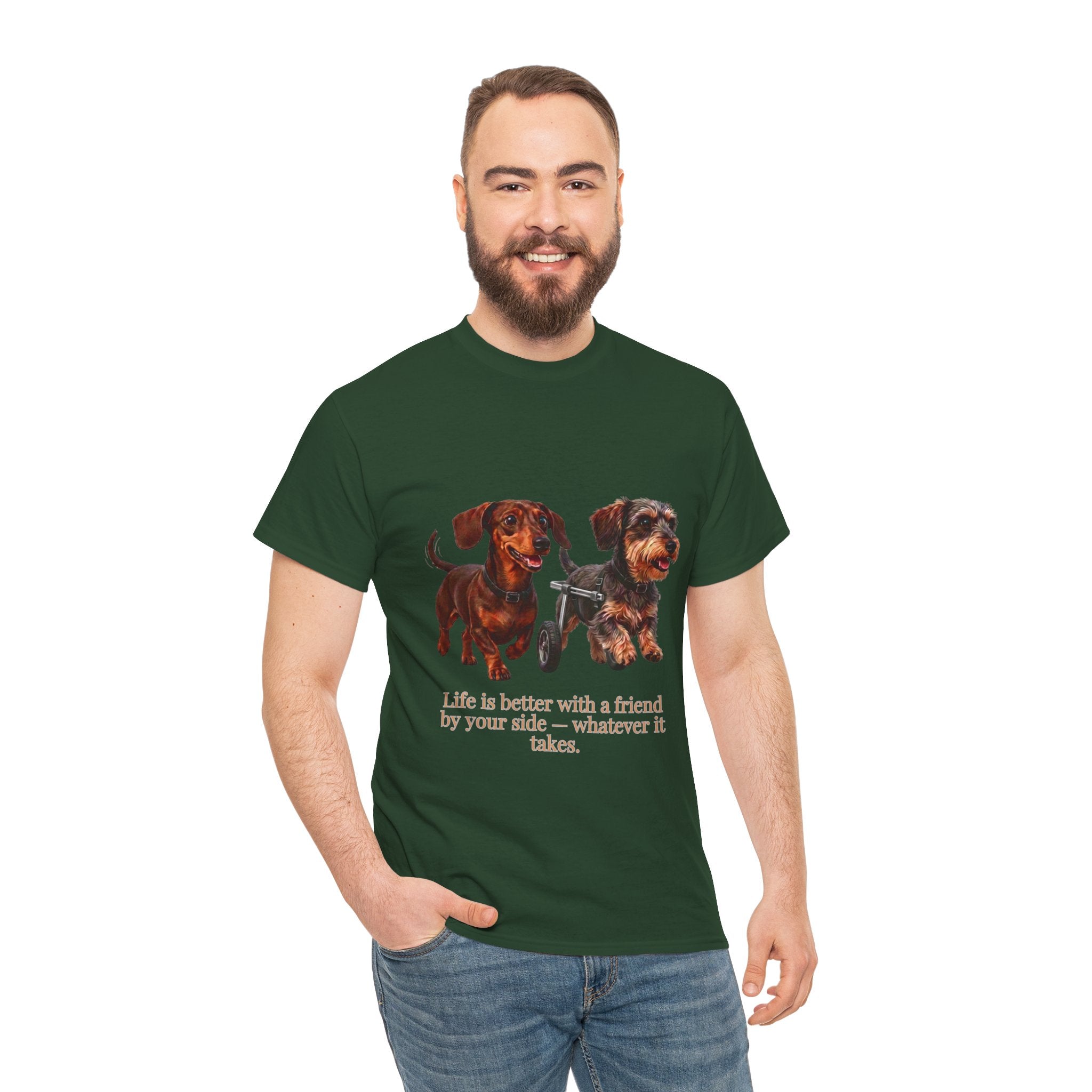 Life Is Better With a Friend by Your Side T-Shirt | Dachshund on Wheels Dog Tee | Heartwarming Furry Friends Graphic T-Shirt