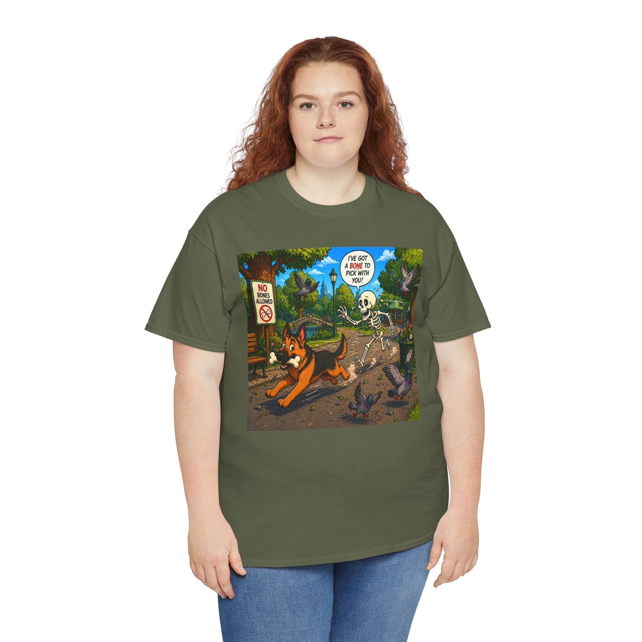 German Shepherd Running Cartoon Tee — "I’m Out Of Here" Park Scene Graphic T-Shirt