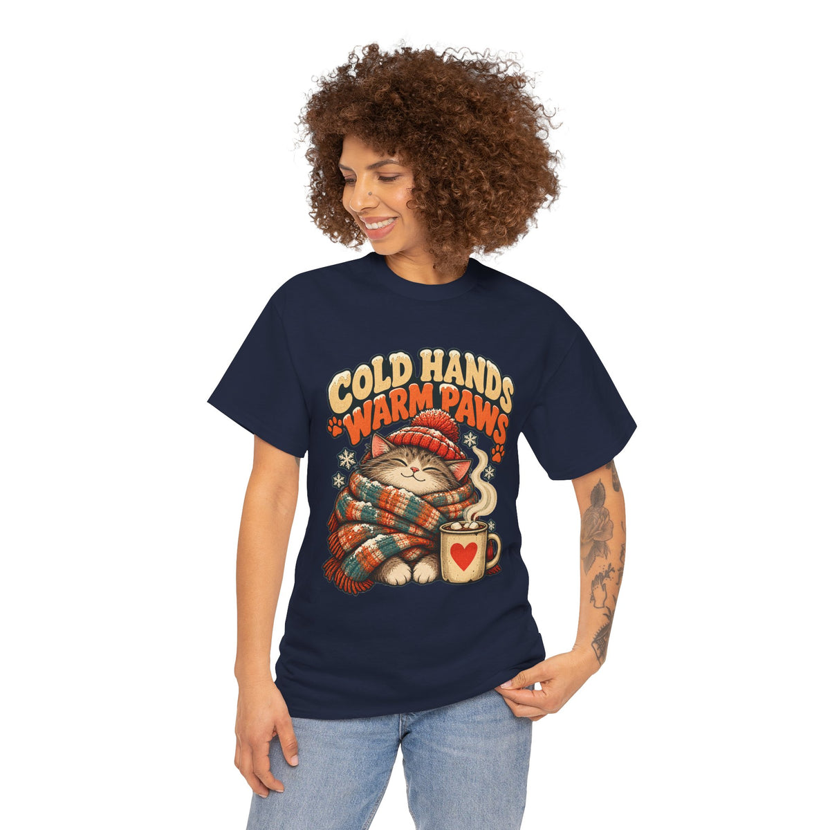 Cold Hands Warm Paws Cat T-Shirt – Cozy Winter Cat Tee with Scarf & Hot Cocoa