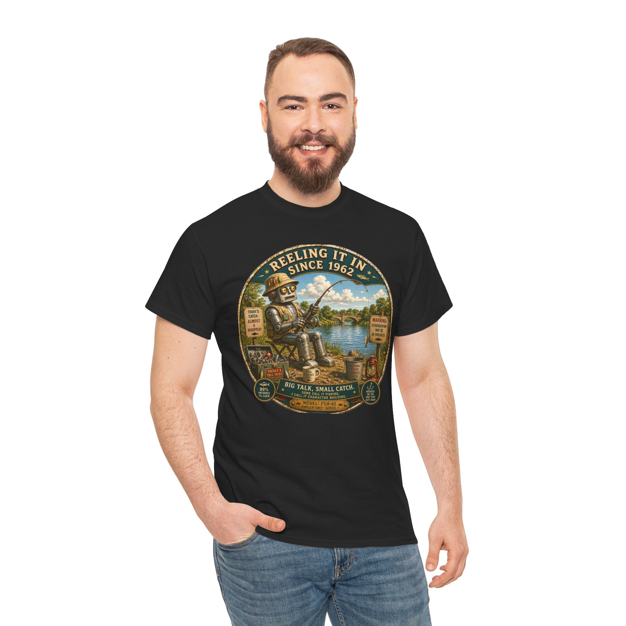 Reeling It In Since 1962 T-Shirt — Funny Robot Angler Graphic Tee