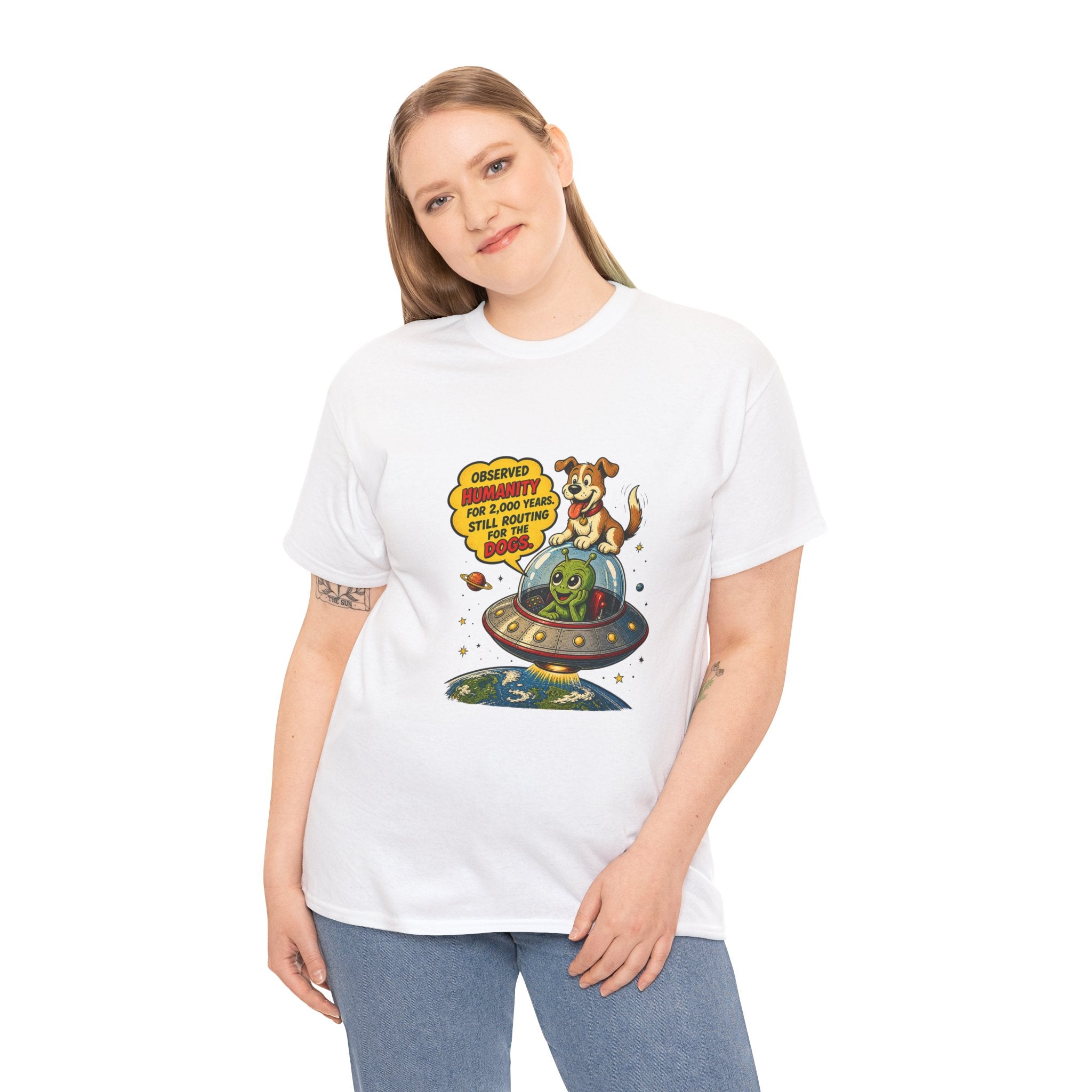Rooting for the Dogs T-Shirt | Funny Alien UFO Dog Lover Tee | Sci-Fi Comic Graphic Shirt | Humanity Observation Joke Gift