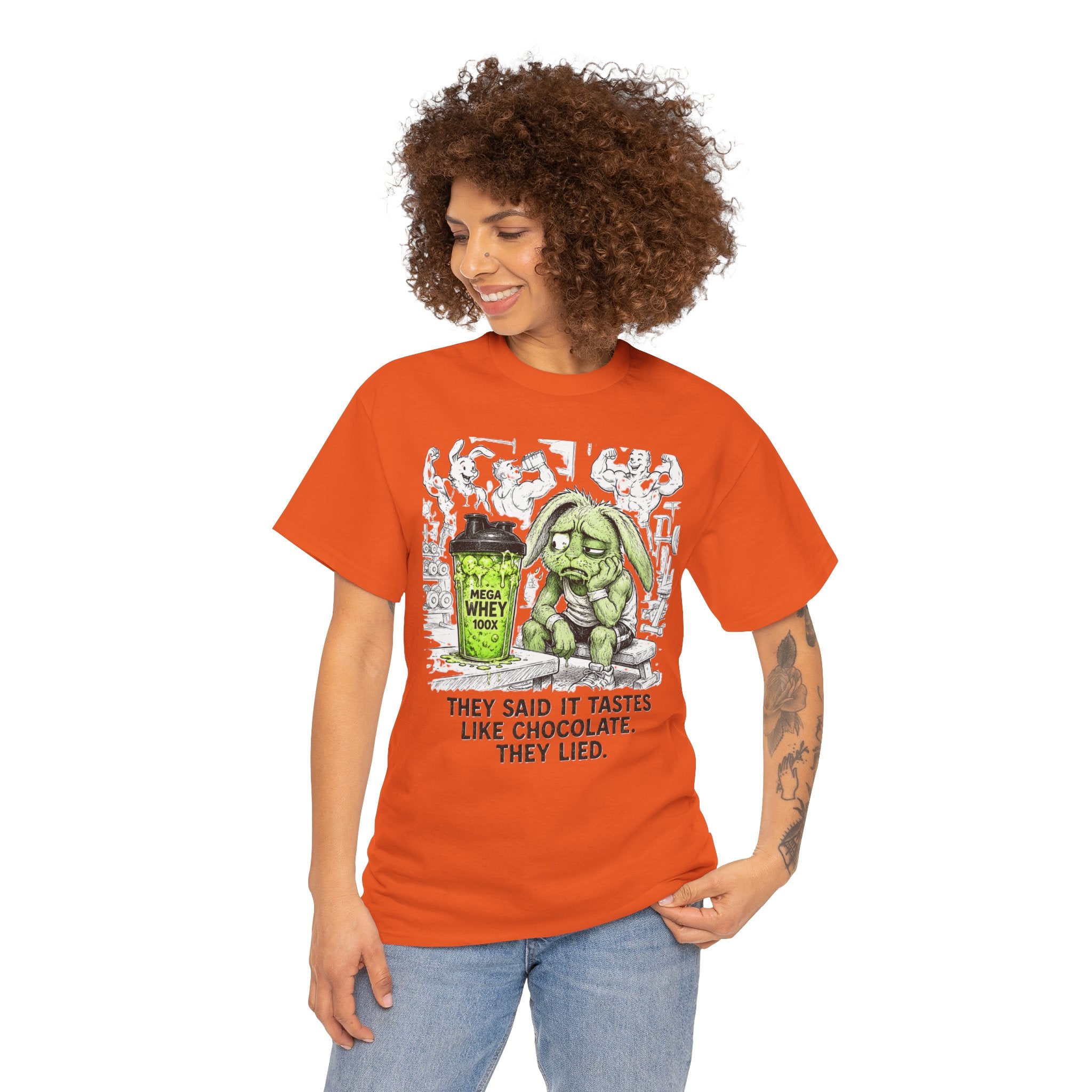They Said It Tastes Like Chocolate T-Shirt – Funny Gym Protein Shake Bunny | Workout Humour Graphic Tee
