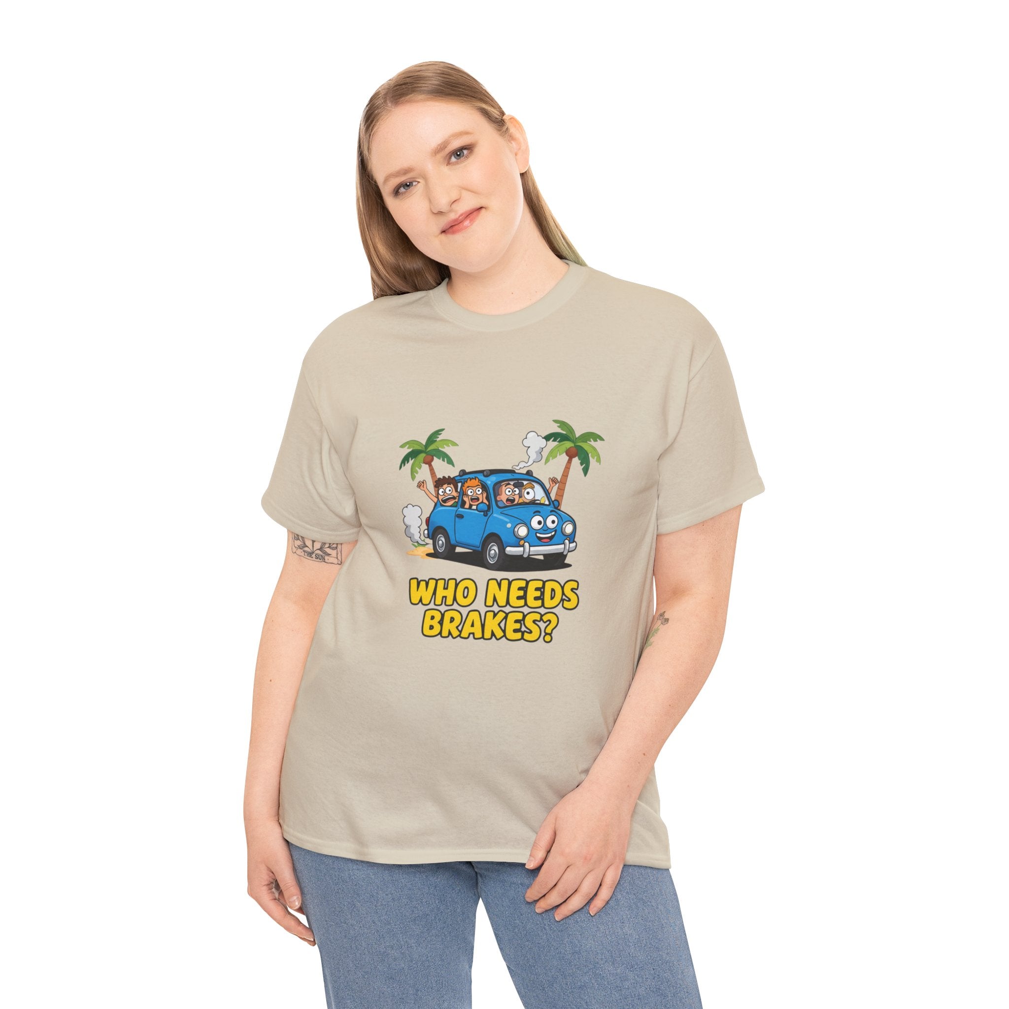 Who Needs Brakes T-Shirt – Funny Cartoon Car Holiday Road Trip | Terrified Passengers Driving Humour Graphic Tee