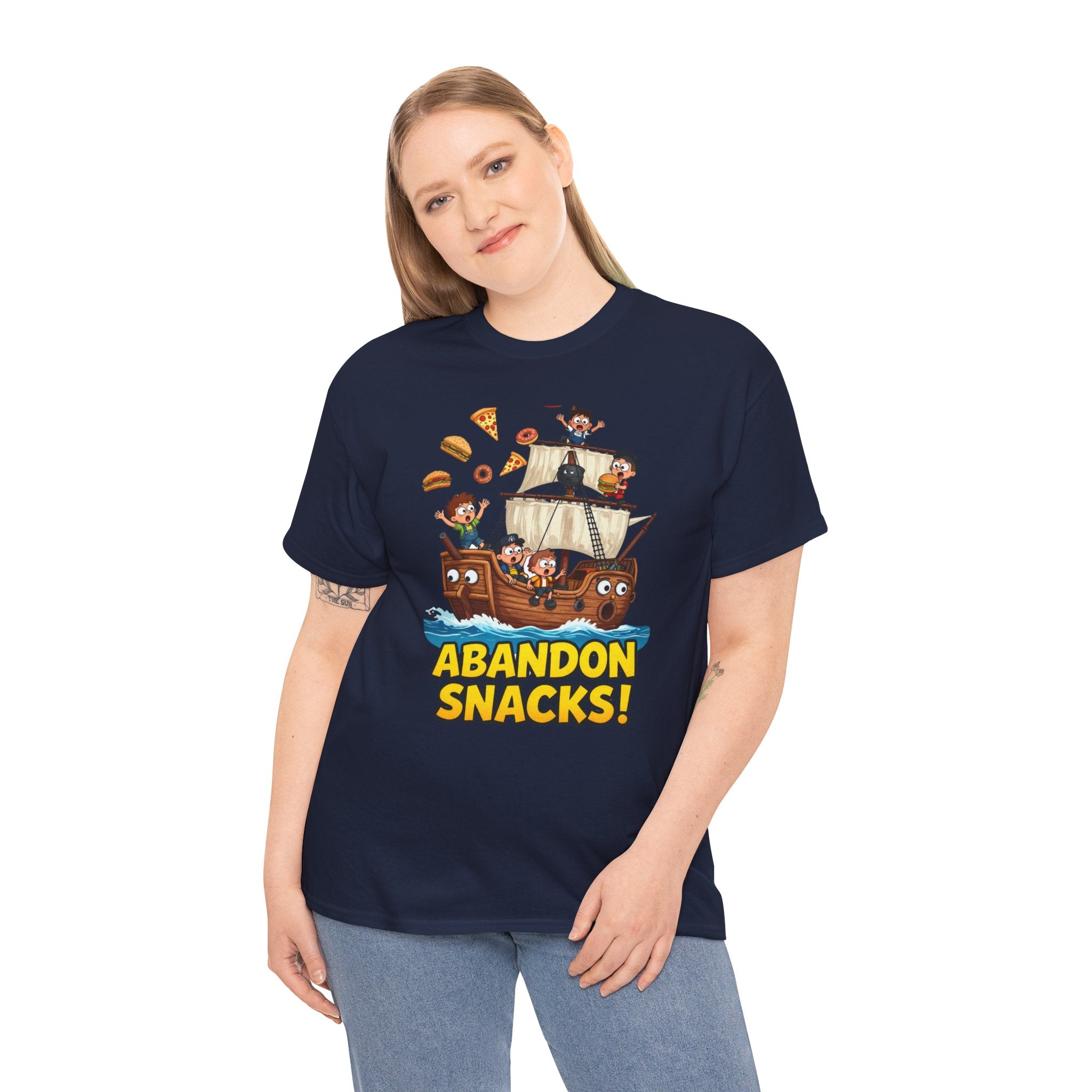Abandon Snacks T-Shirt – Funny Pirate Ship Food Chaos Cartoon | Nautical Humour Foodie Graphic Tee