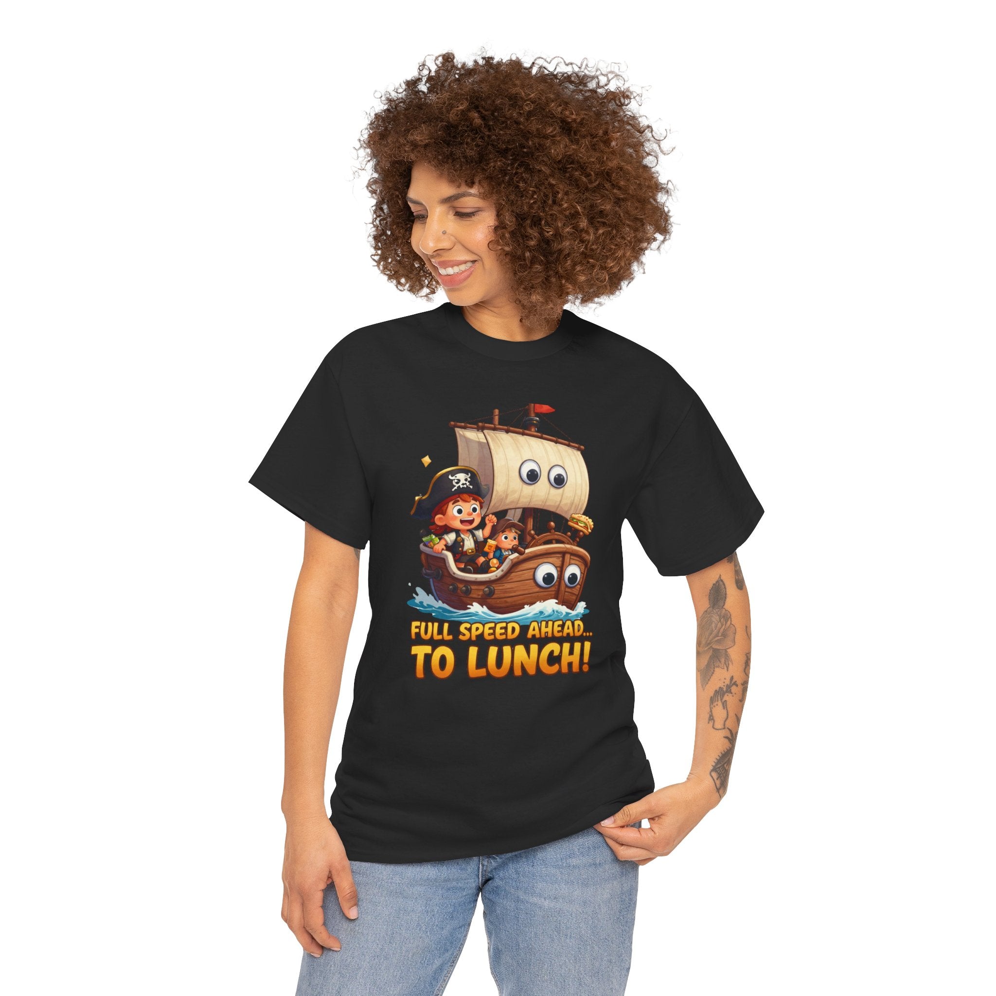Full Speed Ahead To Lunch T-Shirt – Funny Pirate Ship Food Cartoon | Nautical Foodie Humour Graphic Tee