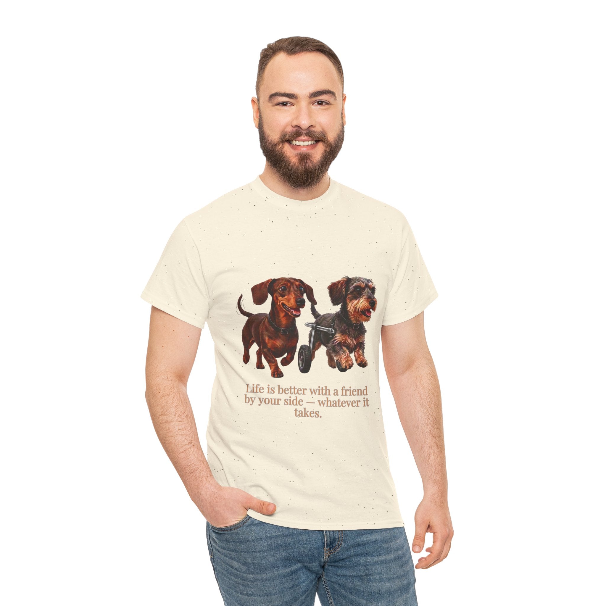 Life Is Better With a Friend by Your Side T-Shirt | Dachshund on Wheels Dog Tee | Heartwarming Furry Friends Graphic T-Shirt