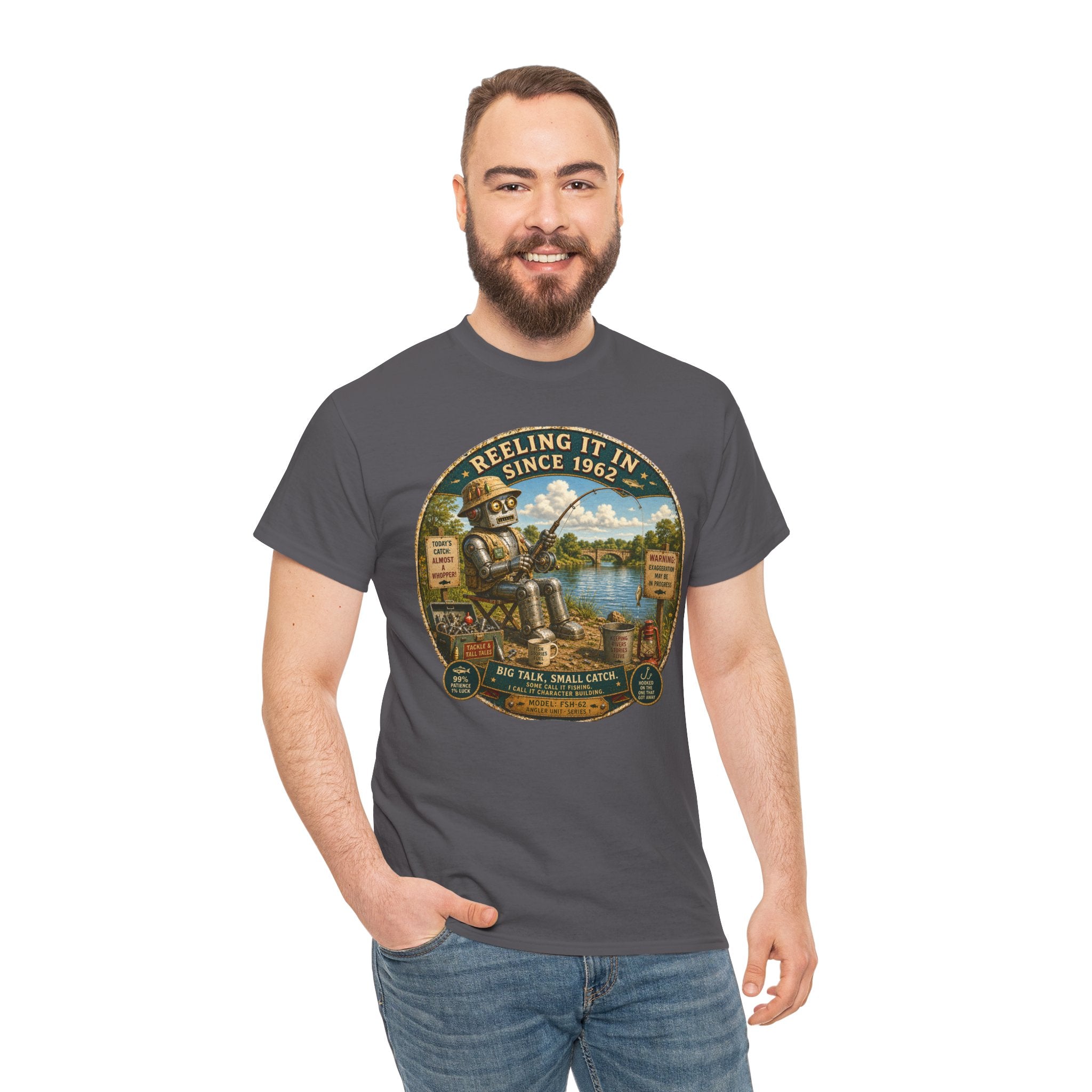 Reeling It In Since 1962 T-Shirt — Funny Robot Angler Graphic Tee