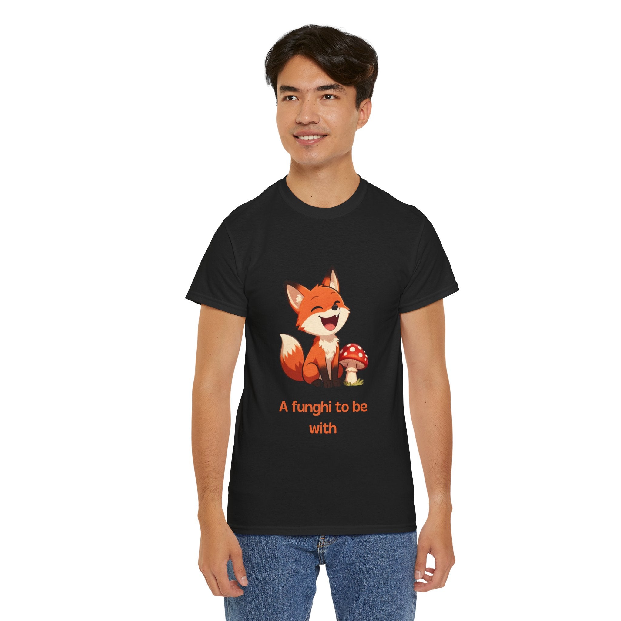 Funny Cartoon Fox T-Shirt | "A Funghi To Be With" Cute Mushroom Pun Tee