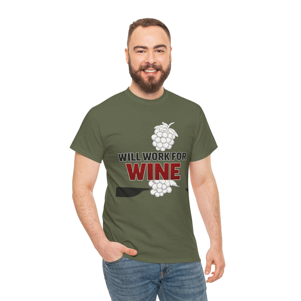 Will Work for Wine T-Shirt | Funny Wine Lover Tee | Humorous Drinking Graphic T-Shirt | Gift for Wine Fans