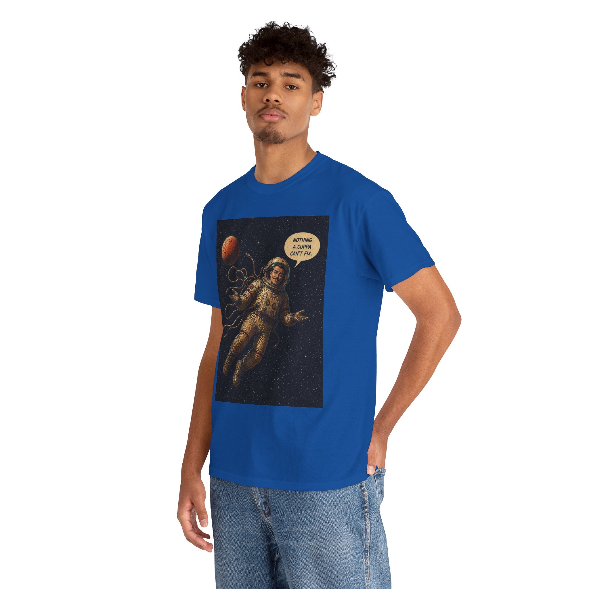 Nothing a Cuppa Can't Fix T-Shirt | Funny Astronaut Space Graphic Tee | British Humour Sci-Fi Shirt