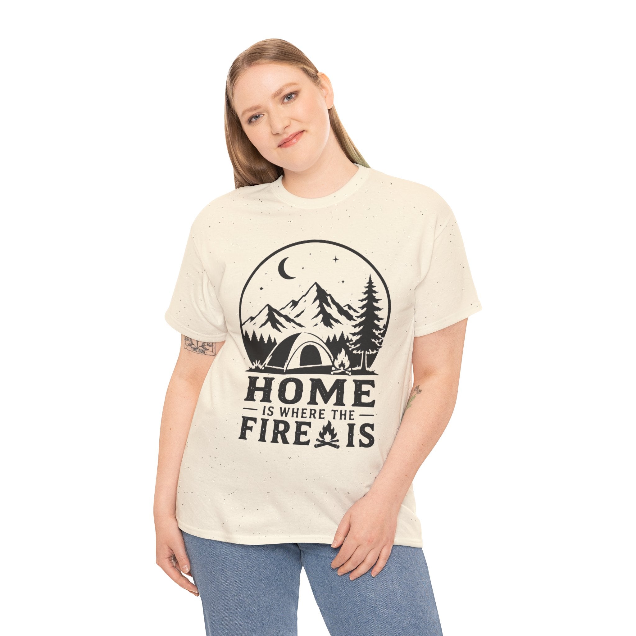 Camping T-Shirt — "Home Is Where The Fire Is" Outdoor Campfire Tee - Four bars of signal lost. One entire soul found.
