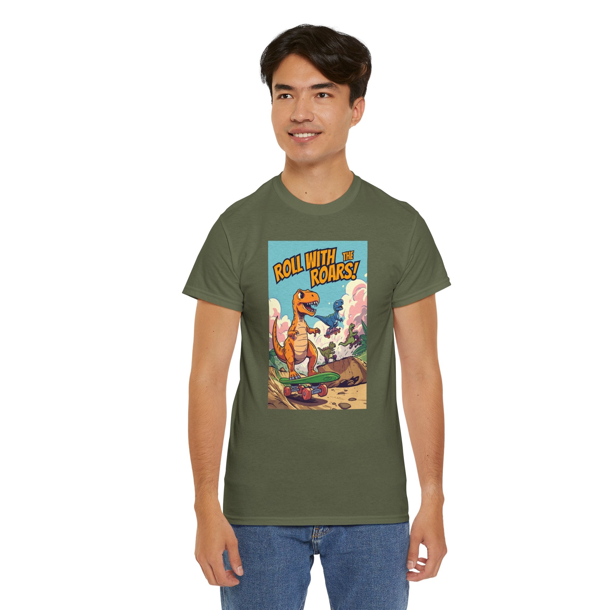 Roll With The Roars T-Shirt | Skateboarding T-Rex Pack Jungle Design | Funny Dinosaur Graphic Tee | Cartoon Fun Collection