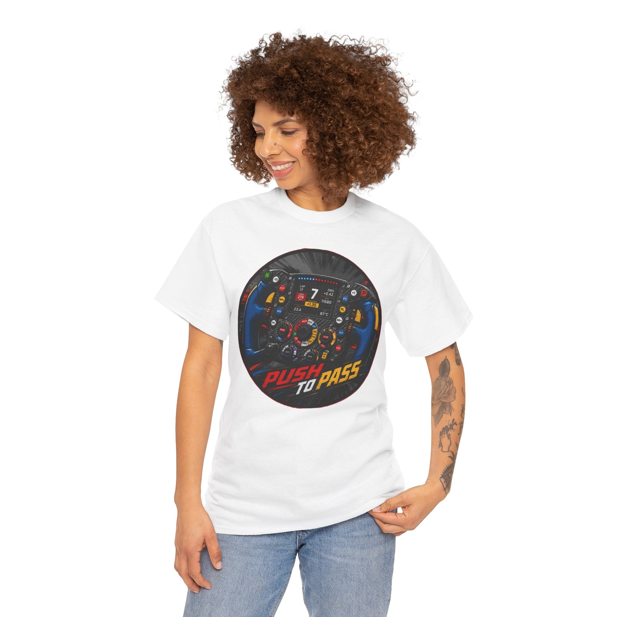Push to Pass T-Shirt | F1 Steering Wheel Graphic Tee | Formula 1 Racing Cockpit Shirt | Motorsport Technical Diagram Art