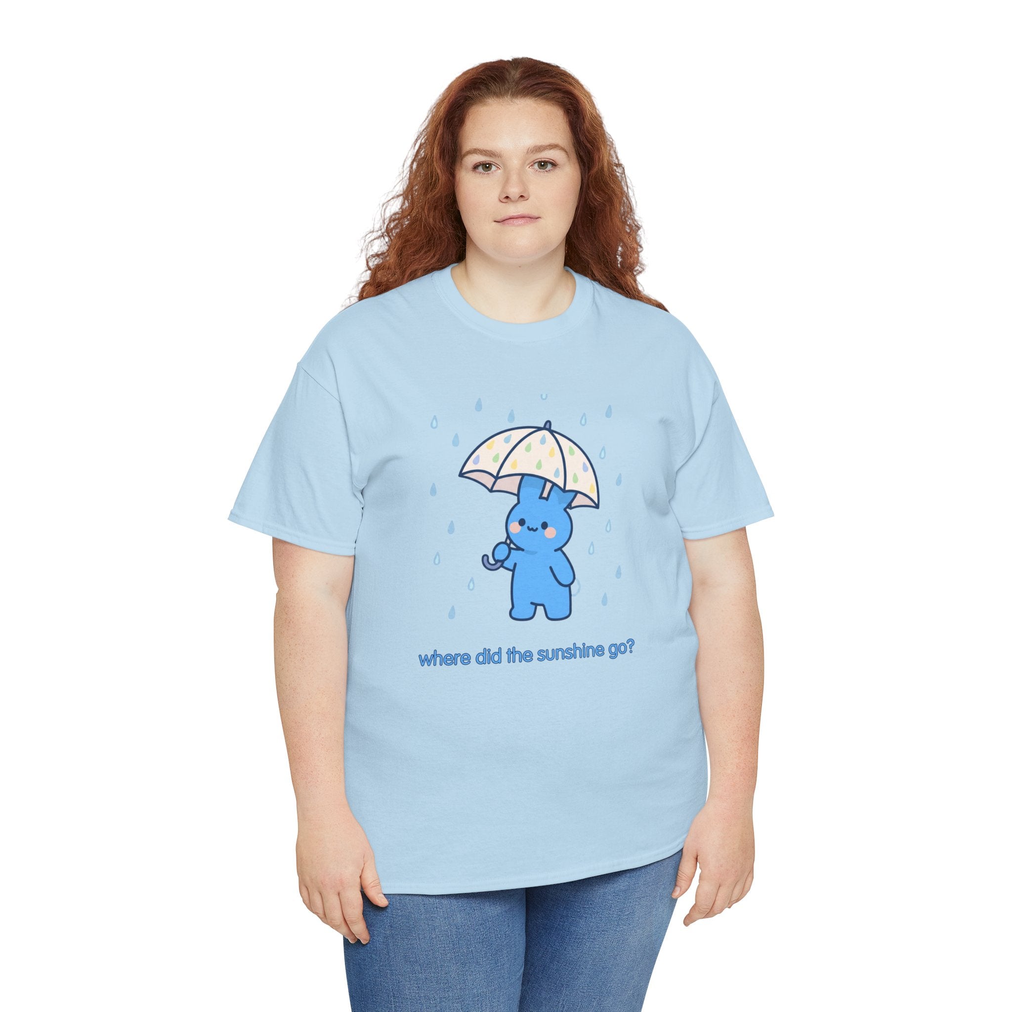 Cute Blue Bunny Tee — "Where Did the Sunshine Go?" Rainy Day Graphic T-Shirt - Where did the sunshine go? 🌧️🐰 Our little blue bunny is braving the rain with the cutest polka dot umbrella