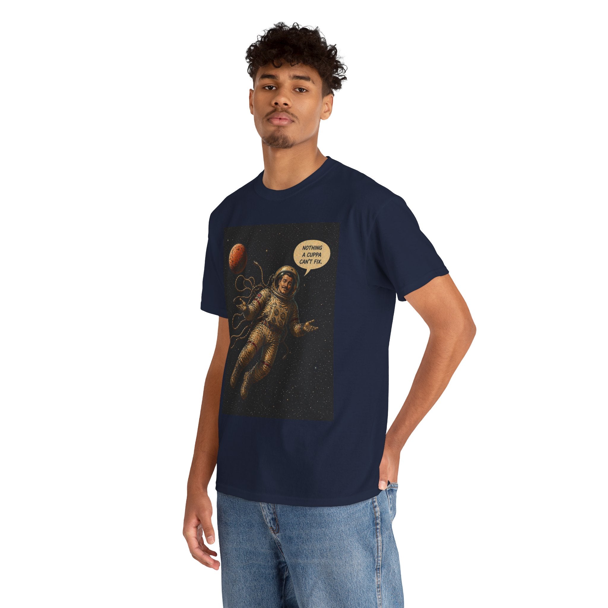 Nothing a Cuppa Can't Fix T-Shirt | Funny Astronaut Space Graphic Tee | British Humour Sci-Fi Shirt