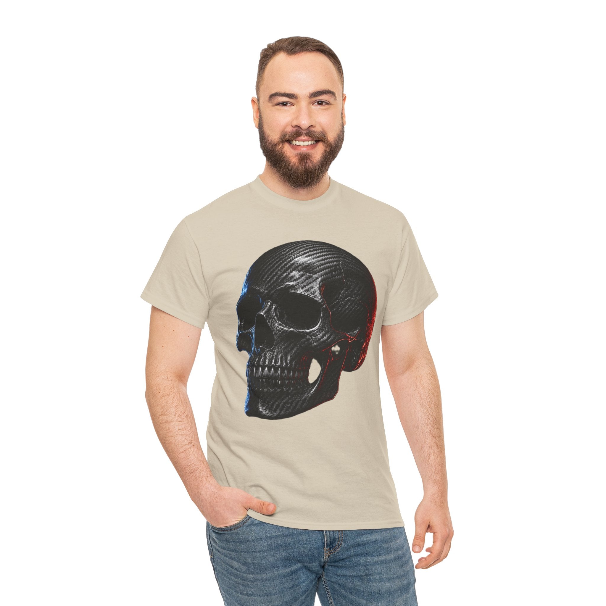 Carbon Fibre Skull T-Shirt | Racing Car Culture Graphic Tee | Red and Blue Edge Lighting Skull Shirt | Motorsport Gearhead Art