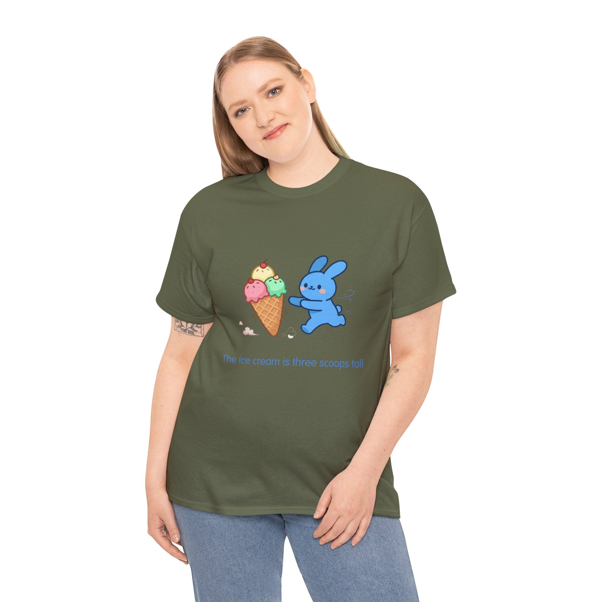 Ice Cream Bunny T-Shirt — The ice cream is three scoops tall. The bunny is determined.