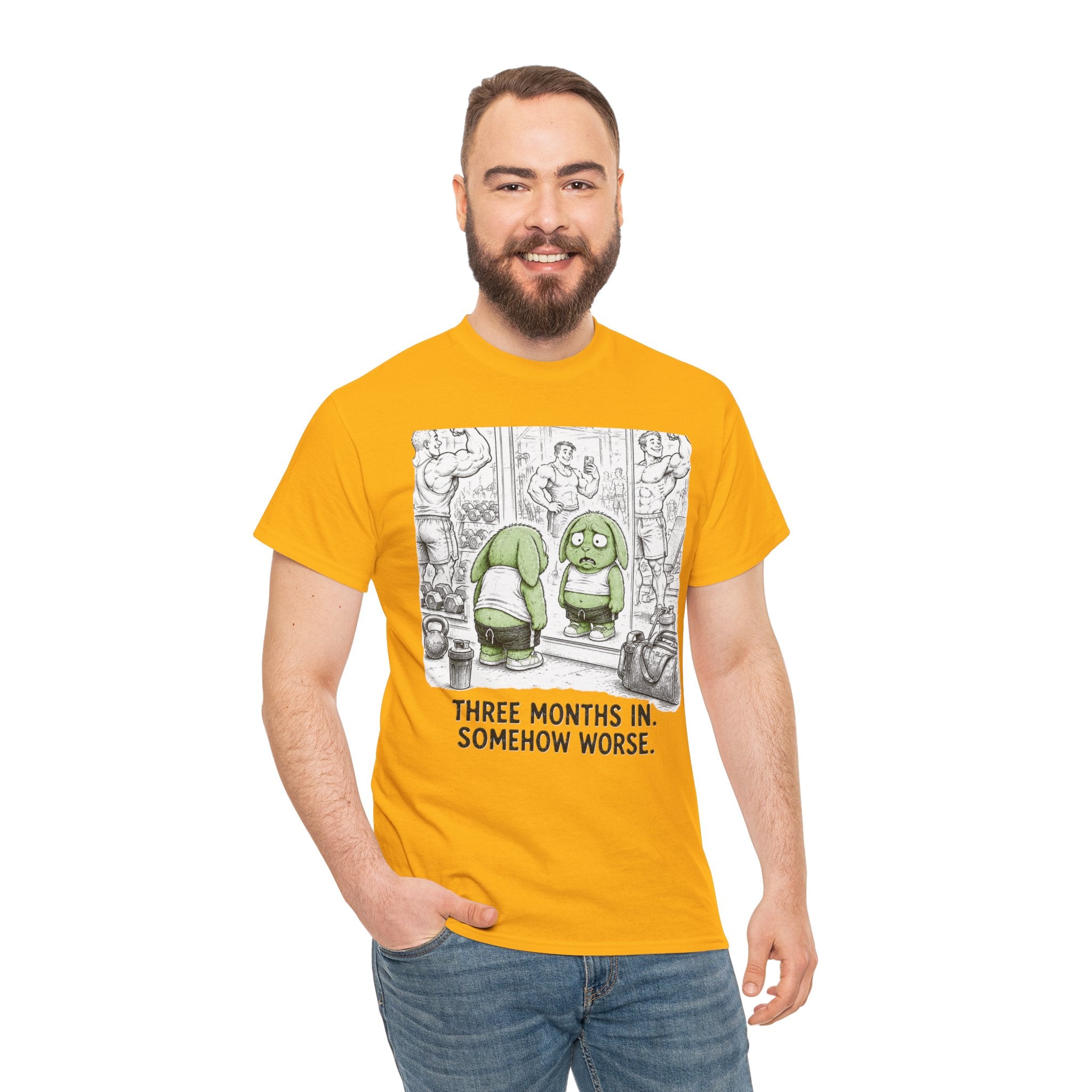Three Months In Somehow Worse T-Shirt – Funny Gym Mirror Fail | New Year Resolution Workout Graphic Tee