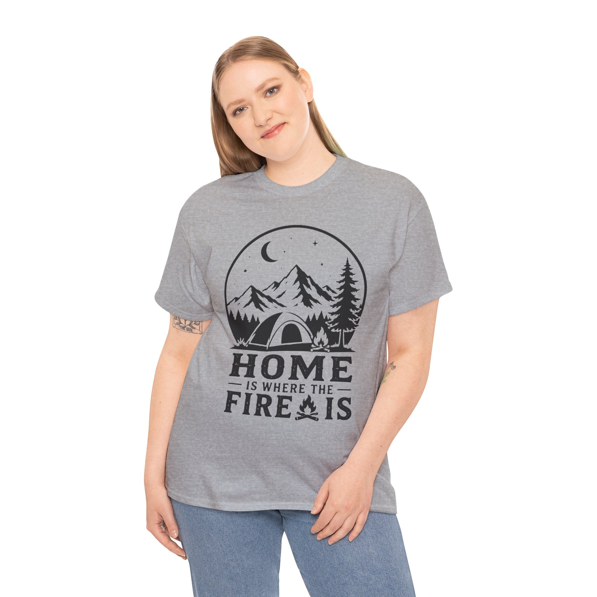 Camping T-Shirt — "Home Is Where The Fire Is" Outdoor Campfire Tee - Four bars of signal lost. One entire soul found.