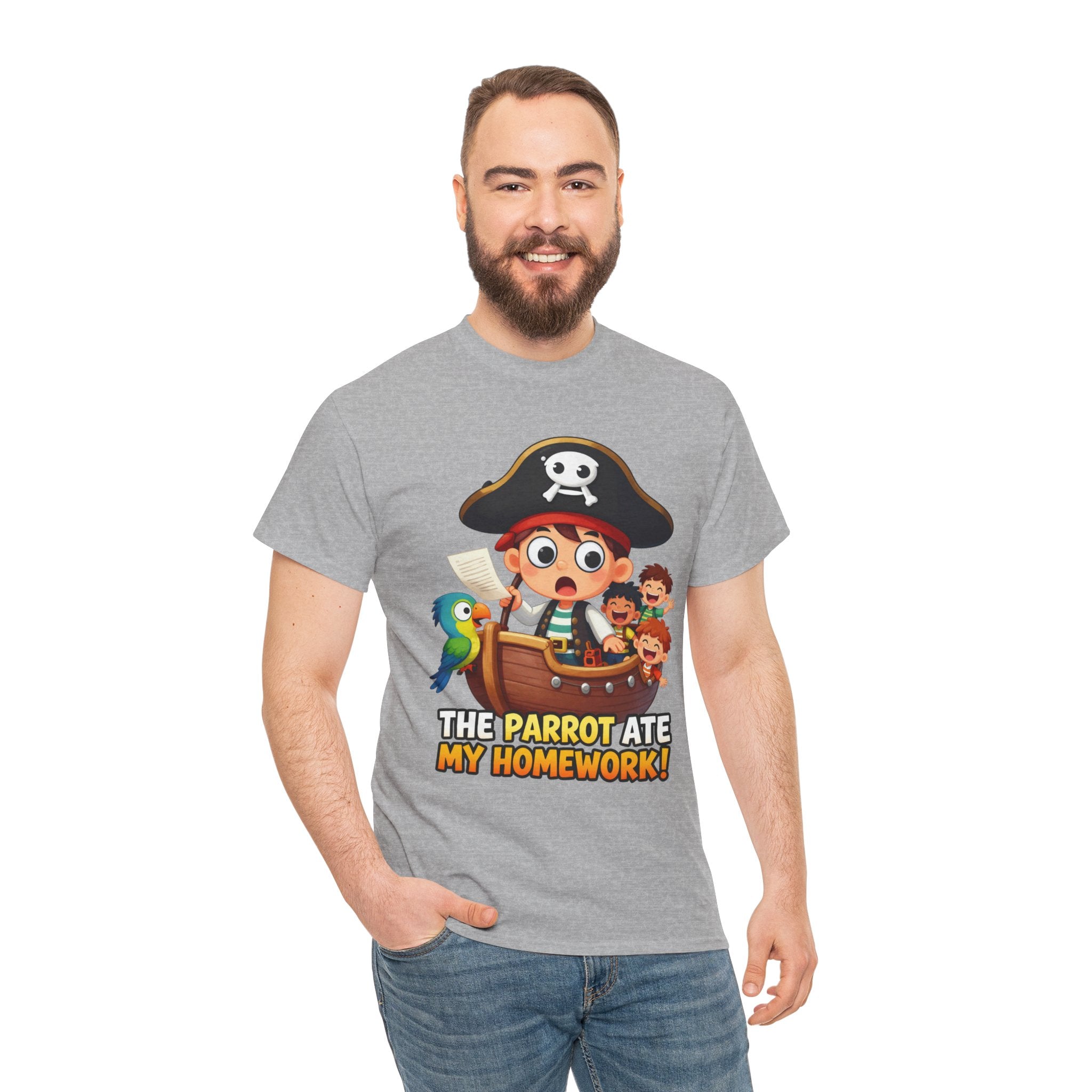 The Parrot Ate My Homework T-Shirt – Funny Pirate School Excuse Cartoon | Kids Pirate Humour Graphic Tee