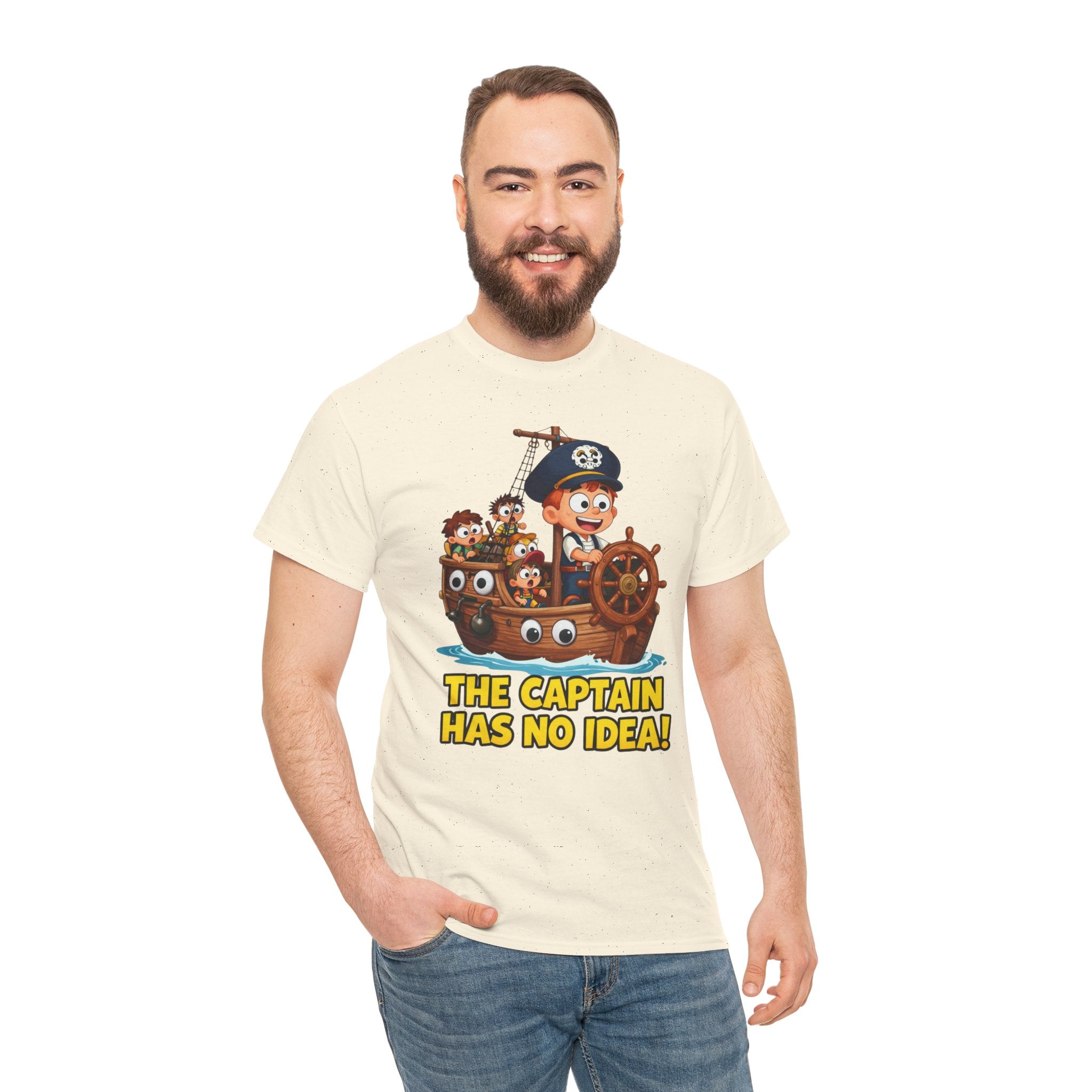 The Captain Has No Idea T-Shirt – Funny Cartoon Pirate Ship Clueless Captain | Nautical Humour Graphic Tee
