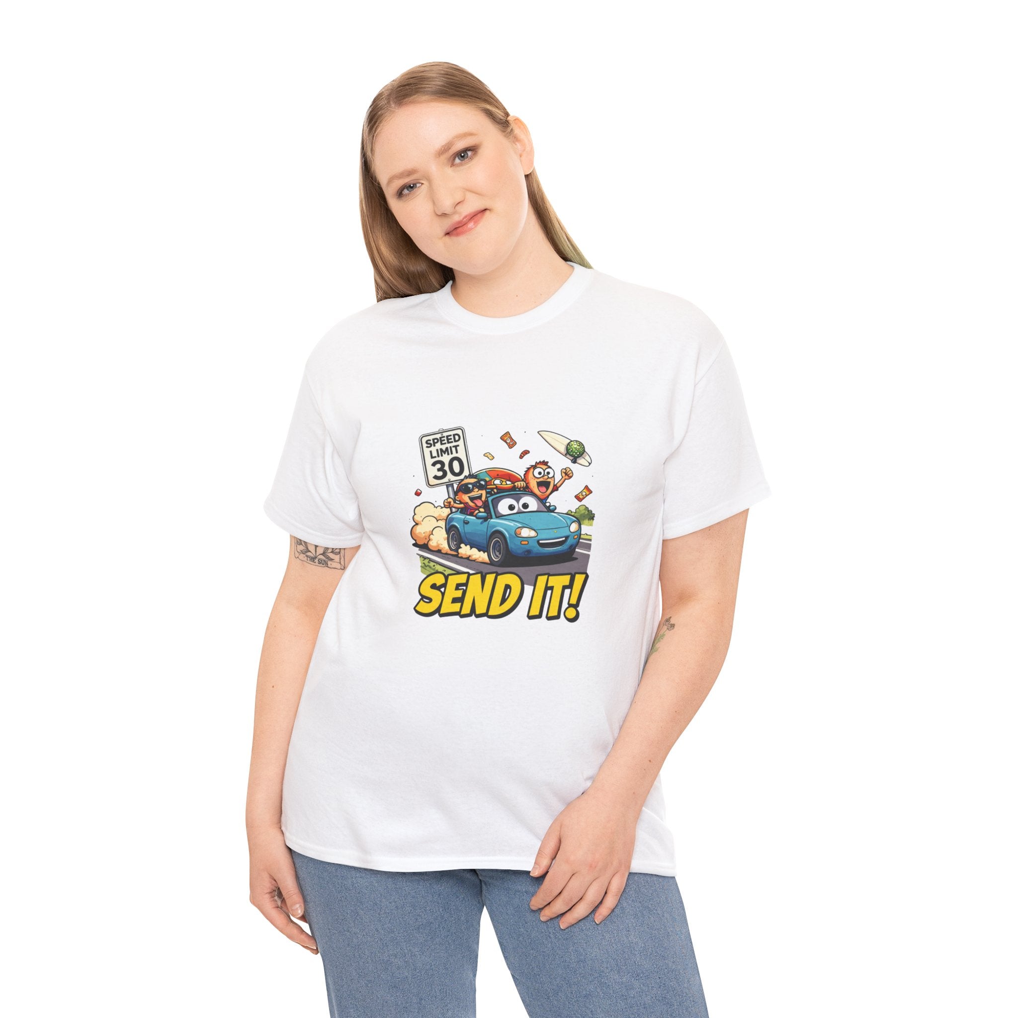 Send It T-Shirt – Funny Car Road Trip Speed Limit Graphic Tee | Cartoon Convertible Motorsport Humour