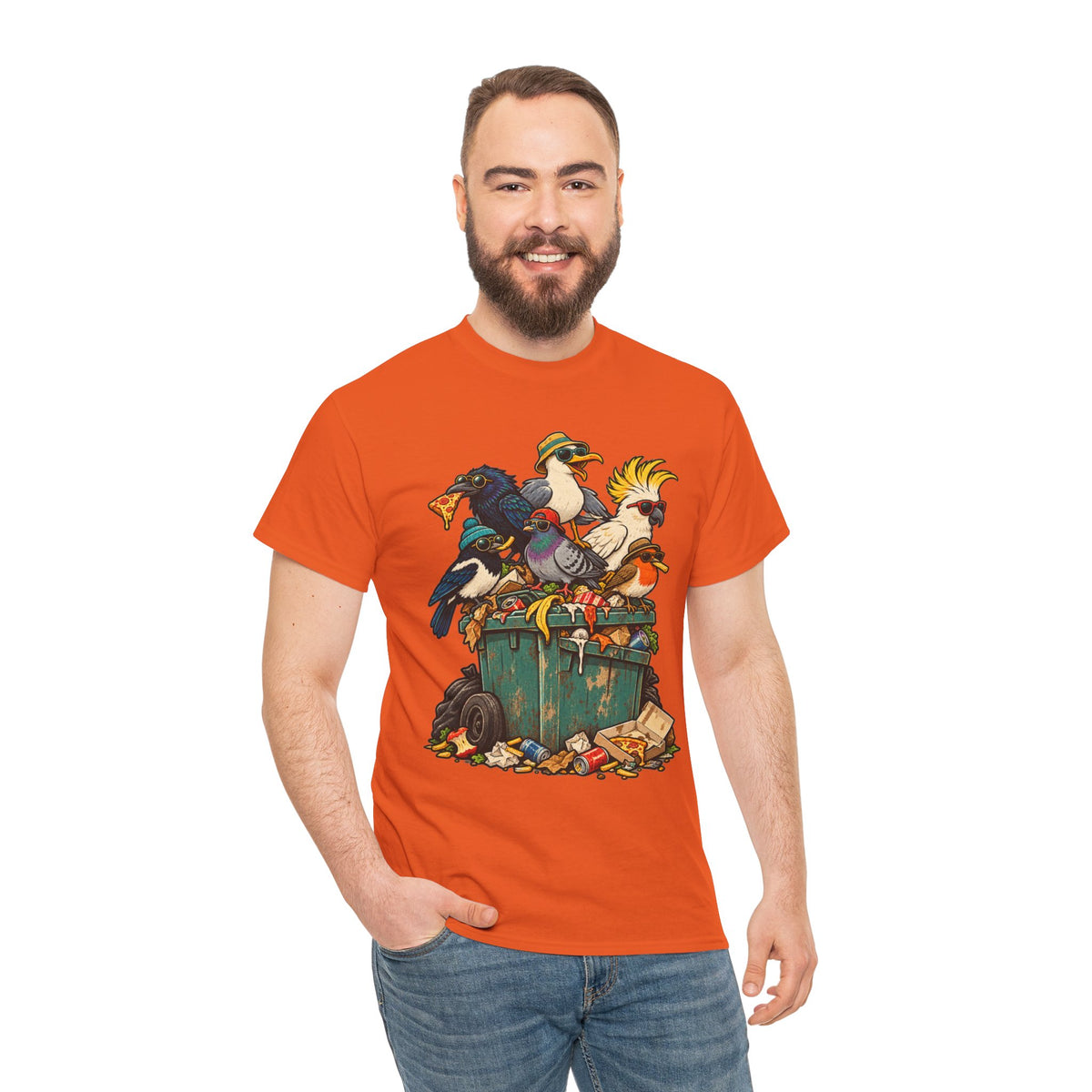 The Bin Squad Funny Birds T-Shirt – Cartoon Birds Raiding a Wheelie Bin Tee