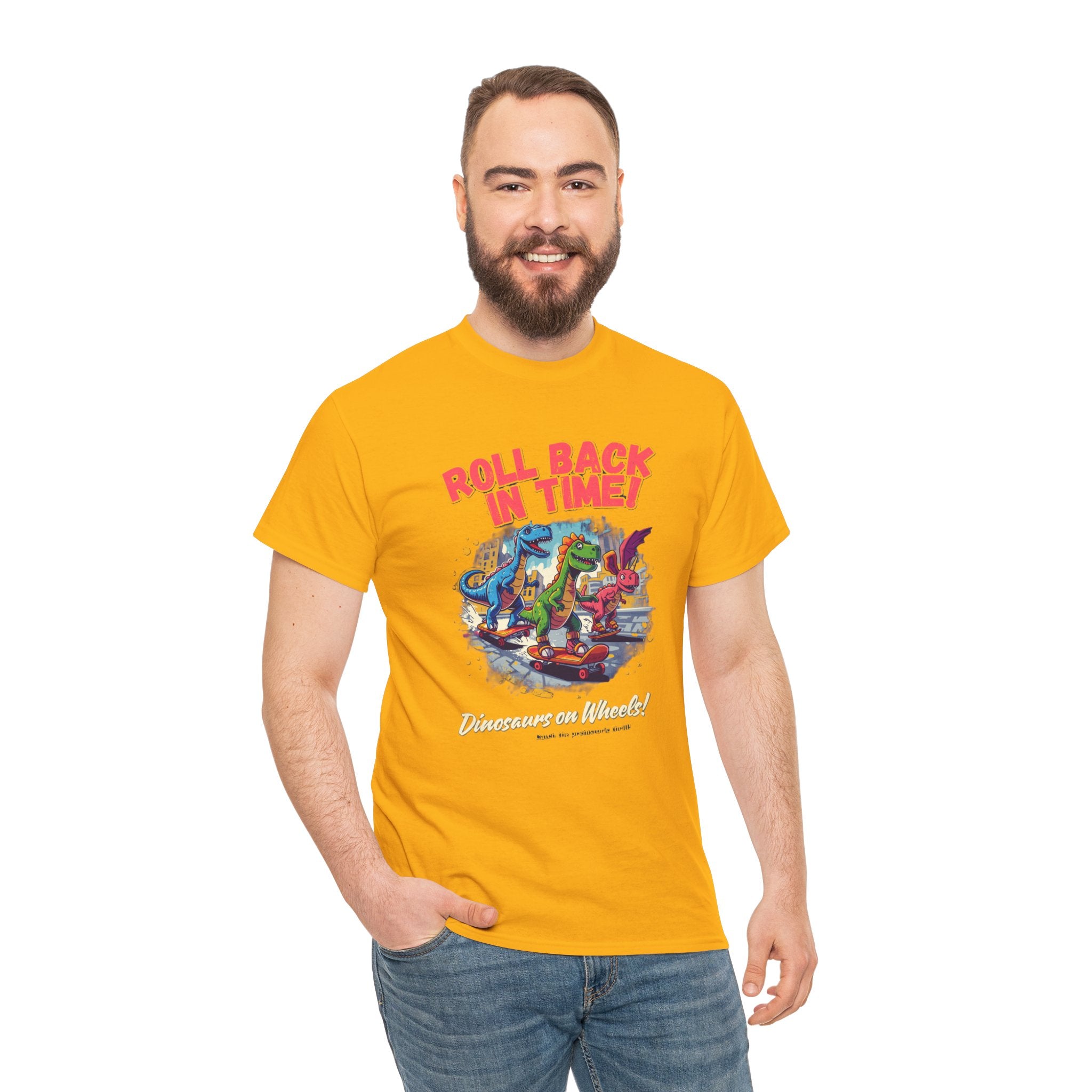 Roll Back In Time T-Shirt | Skateboarding Dinosaurs Street Art Design | Funny Dino Graphic Tee | Cartoon Fun Collection