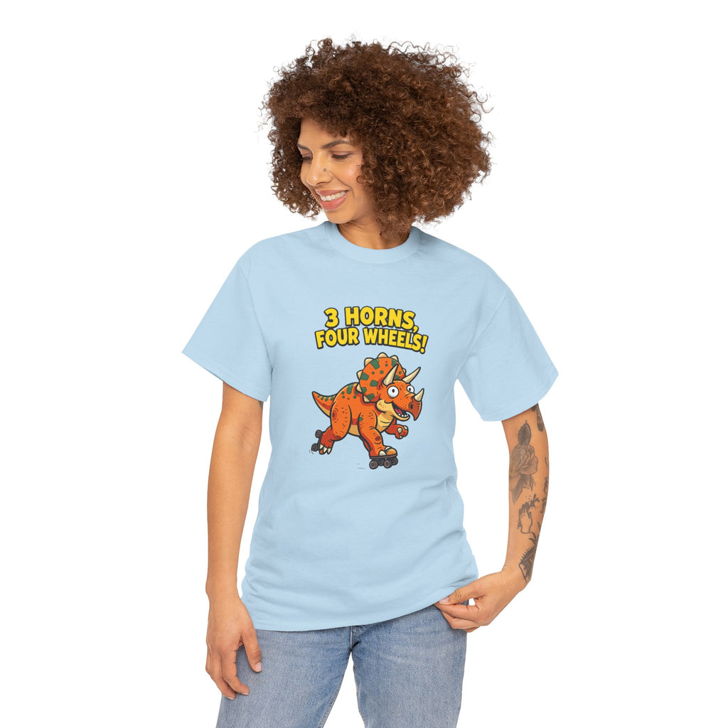 3 Horns Four Wheels T-Shirt – Funny Triceratops Roller Skate Cartoon Dinosaur | Dino Skater Graphic Tee
