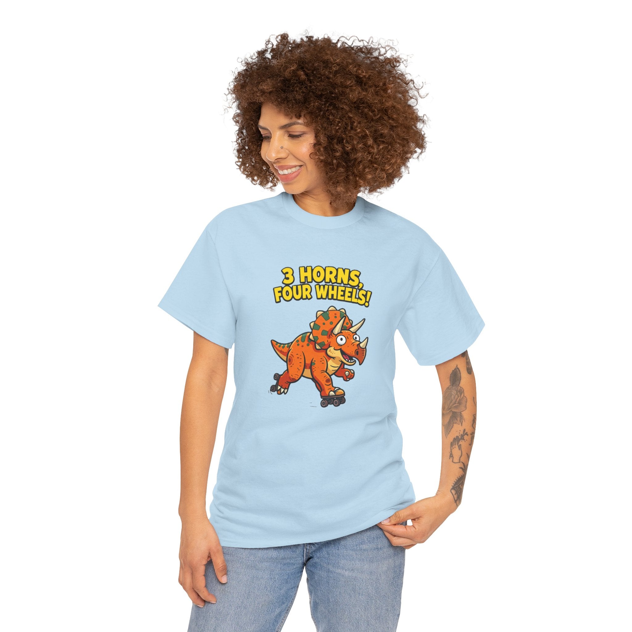 3 Horns Four Wheels T-Shirt – Funny Triceratops Roller Skate Cartoon Dinosaur | Dino Skater Graphic Tee