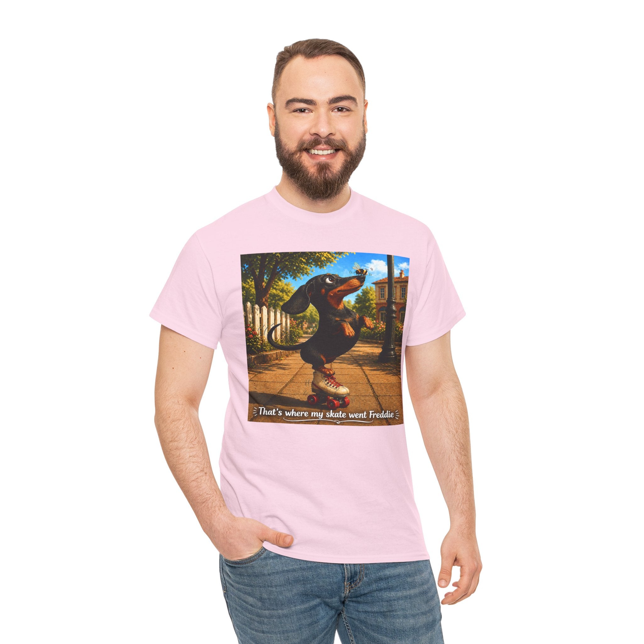 Dachshund on Skate T-Shirt — "That's Where My Skate Went Freddie" Retro Skate Tee