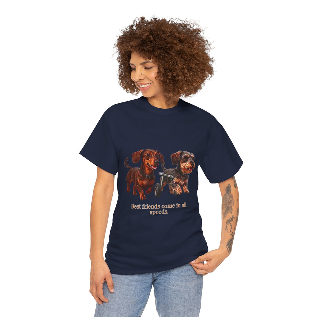 Dachshund Friends T-Shirt — Best Friends Roll Together | Cute Dachshund Mobility Dog Tee | Heartwarming Furry Friends Graphic T-Shirt