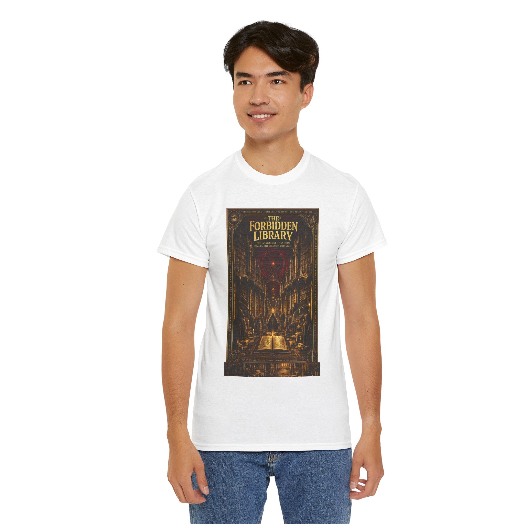 The Forbidden Library T-Shirt | Occult Grimoire Graphic Tee | Esoteric Gothic Bookshelf Shirt | Dark Academia Mystic Art
