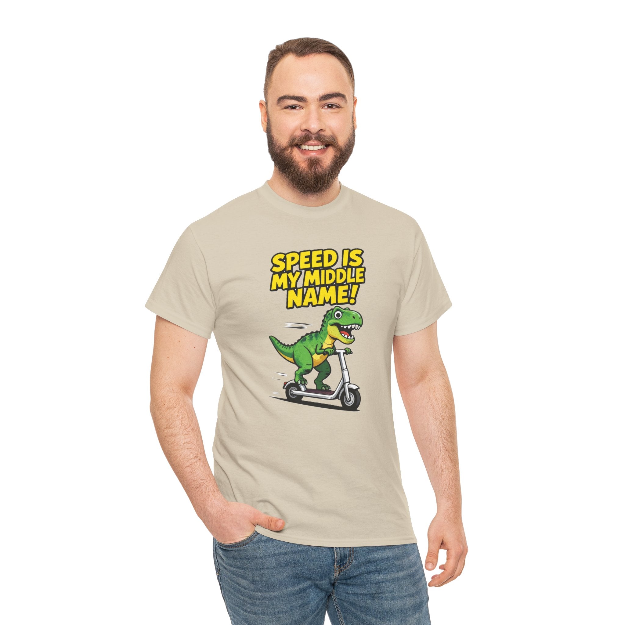 Speed Is My Middle Name T-Shirt – Funny T-Rex Electric Scooter Cartoon Dinosaur | Fast Dino Graphic Tee