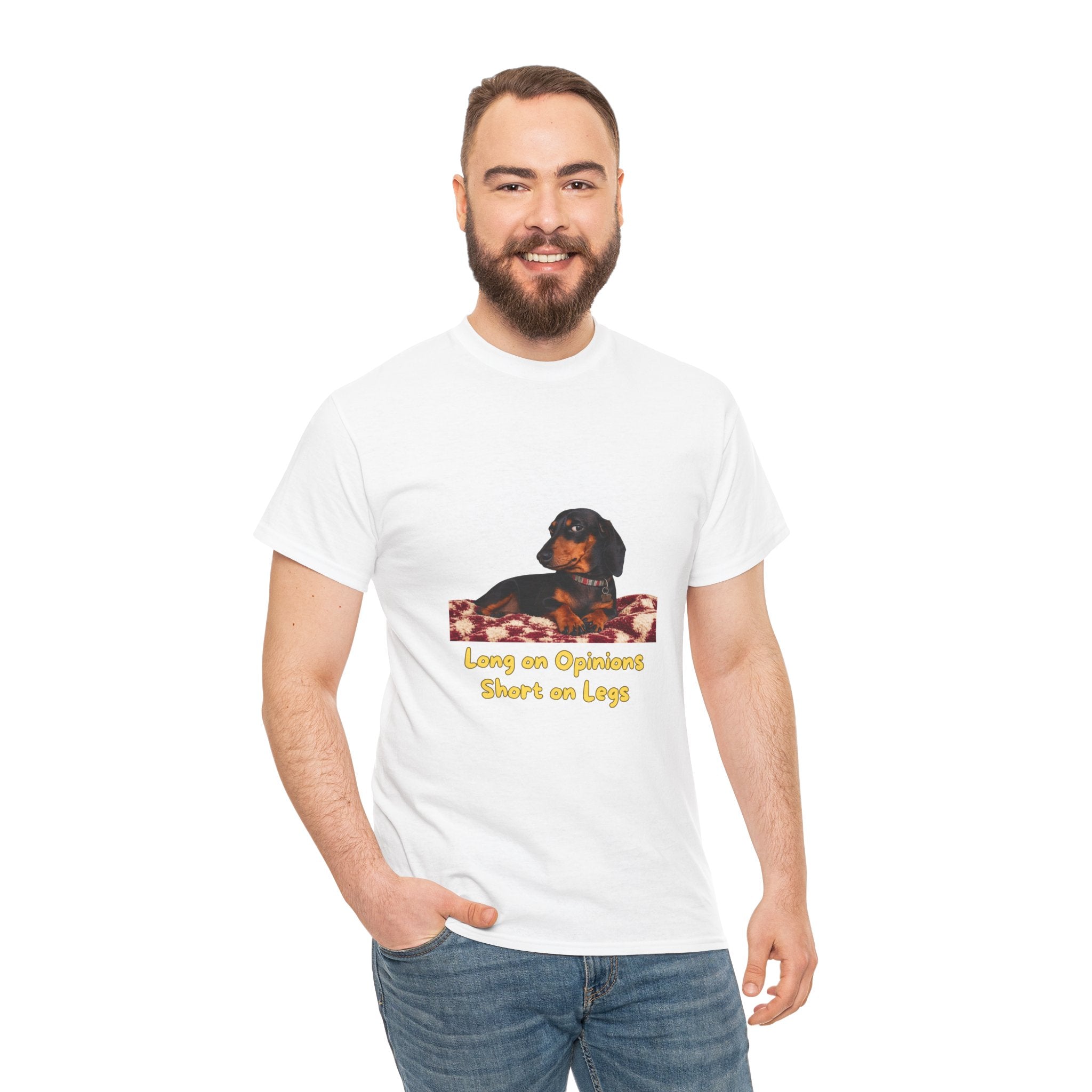 Long on Opinions Short on Legs T-Shirt – Funny Dachshund Sausage Dog Quote | Wiener Dog Attitude Graphic Tee