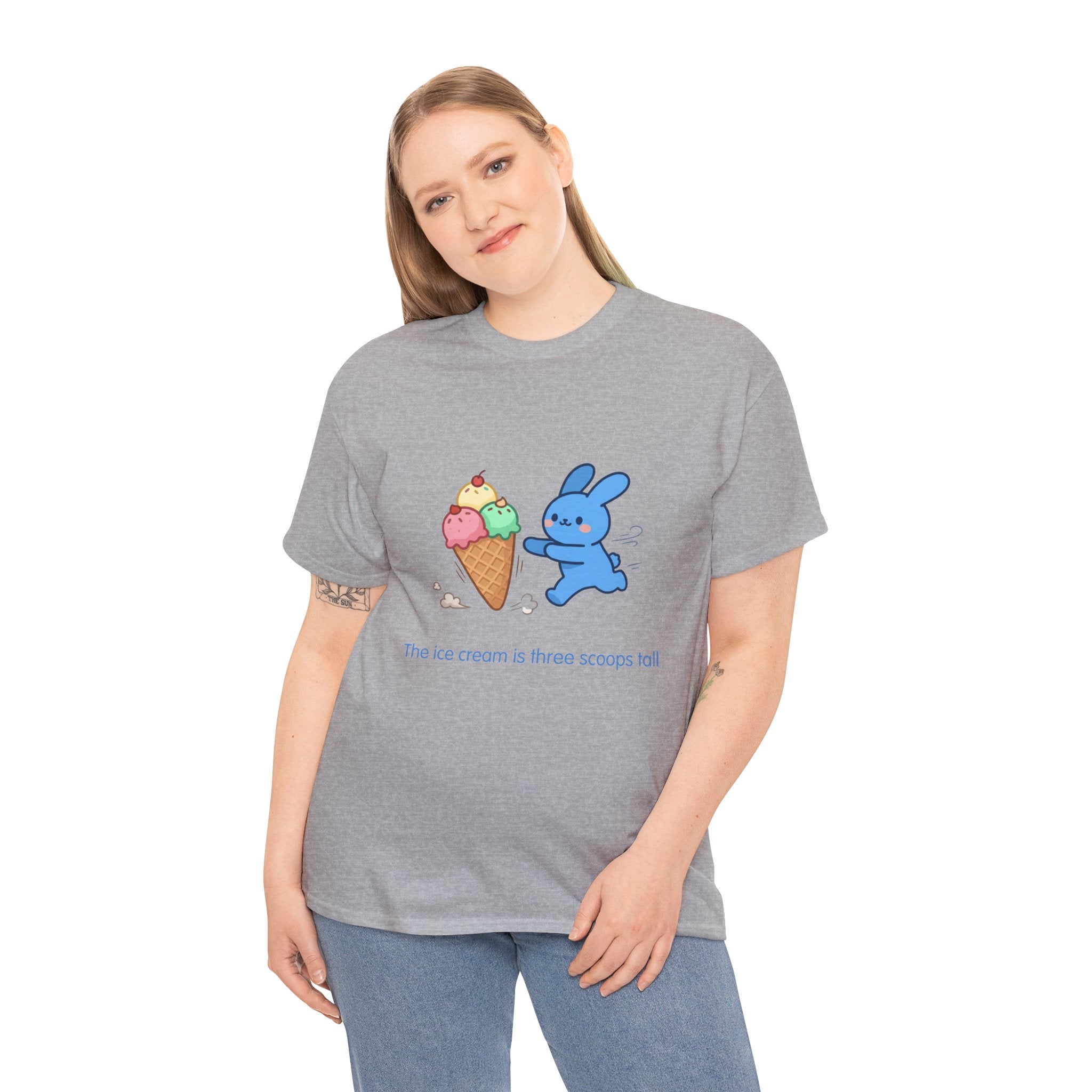 Ice Cream Bunny T-Shirt — The ice cream is three scoops tall. The bunny is determined.