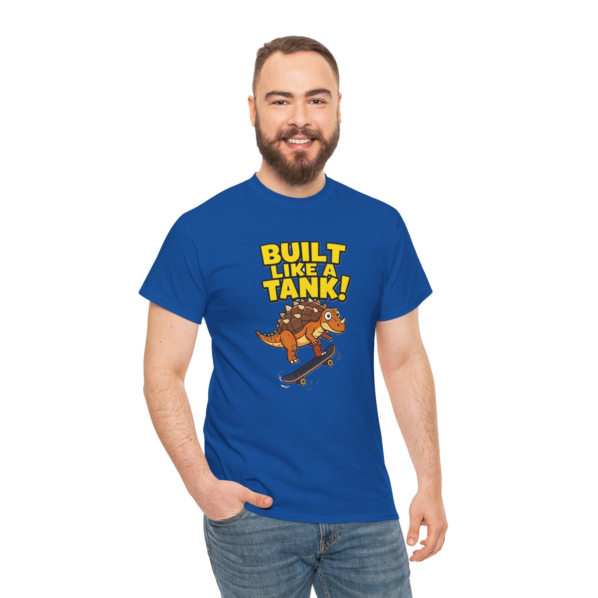 Built Like a Tank T-Shirt – Funny Ankylosaurus Skateboard Cartoon Dinosaur | Armoured Dino Skater Graphic Tee